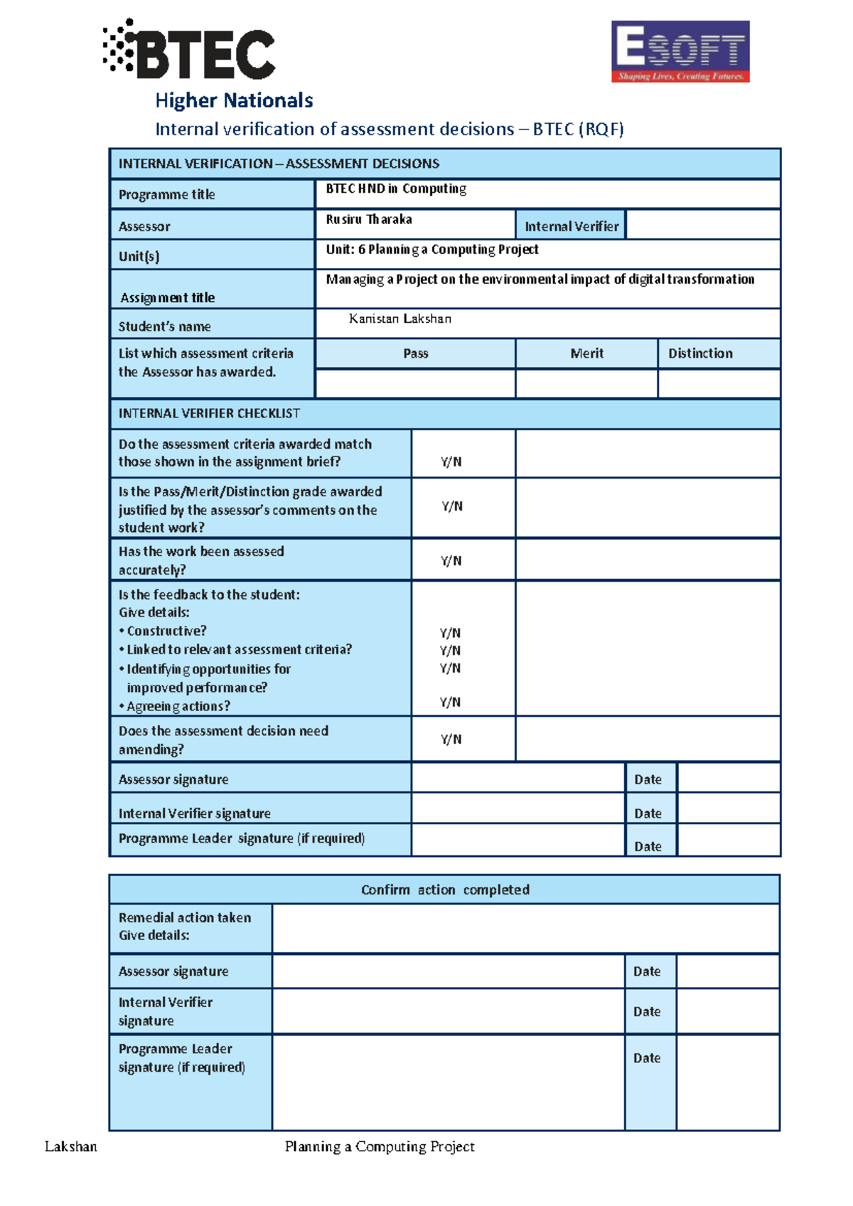 BTEC HND in Computing Unit 6: Planning a Computing Project Assessment ...