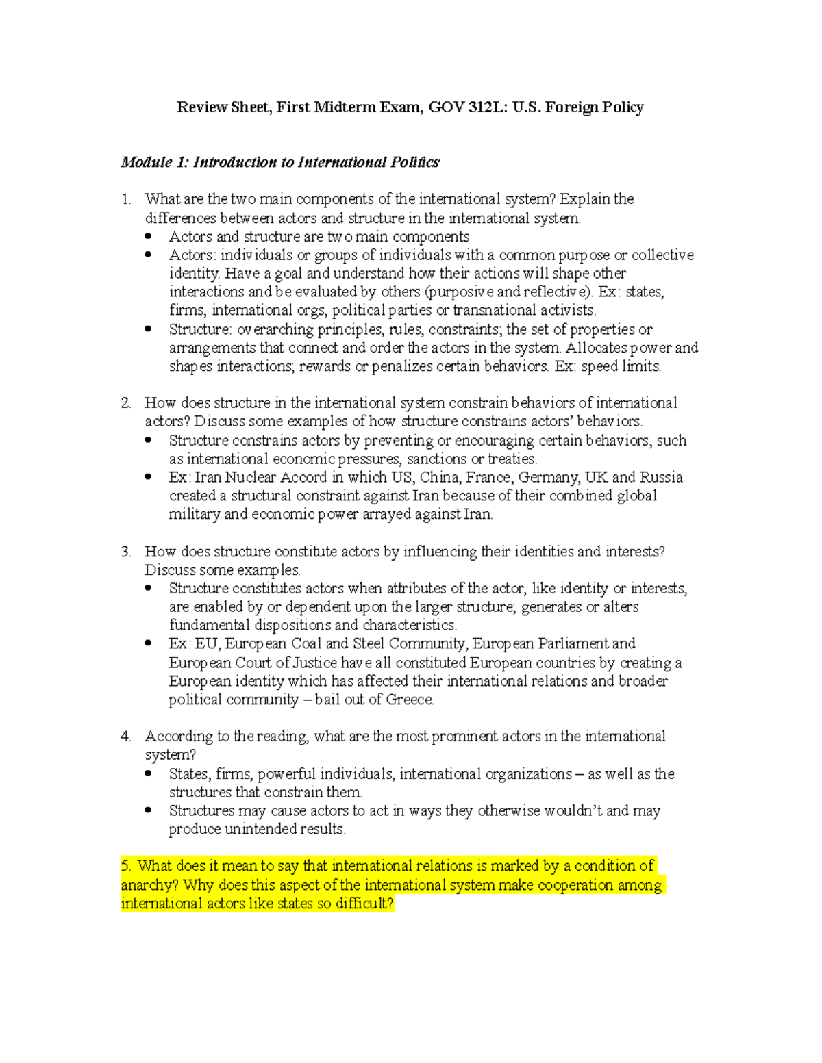 GOV 312 Review Sheet for First Midterm Exam: U.S. Foreign Policy ...