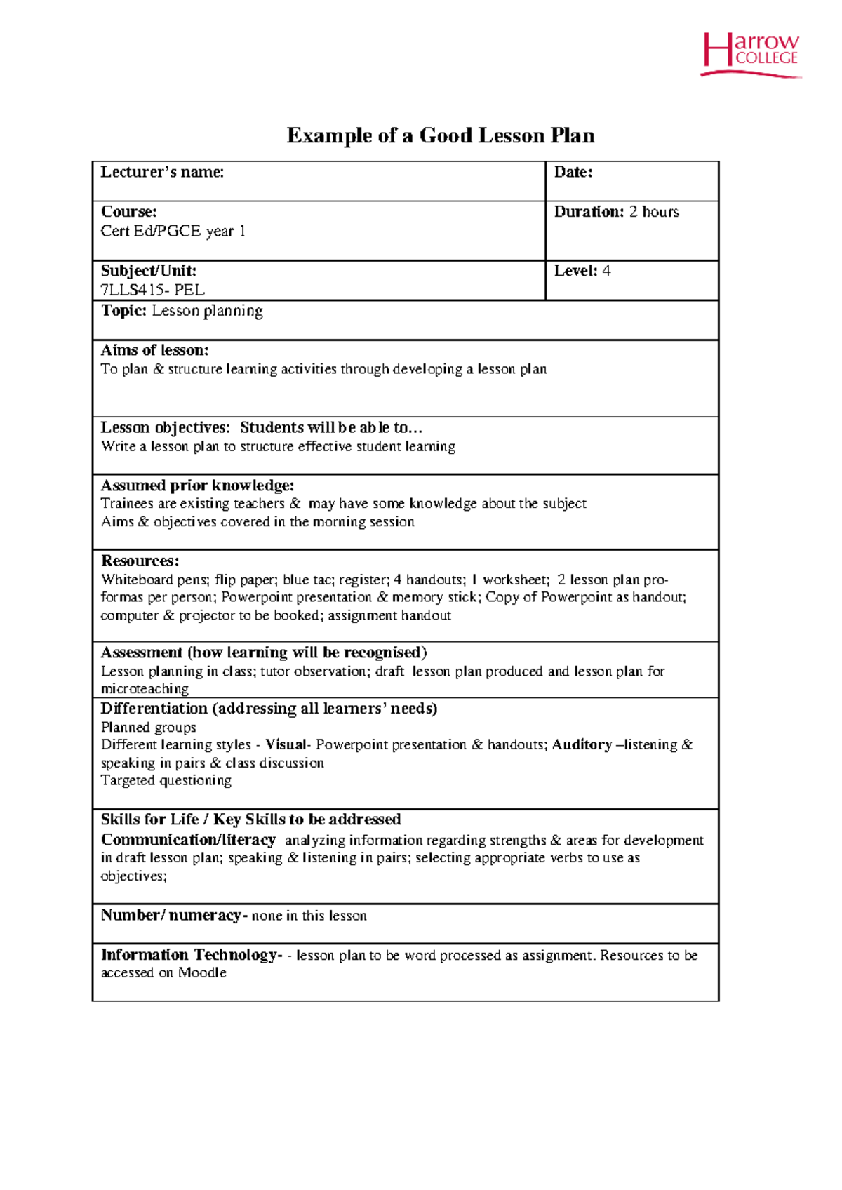 7LLS415 - Effective Lesson Planning for PGCE Year 1 - Studocu