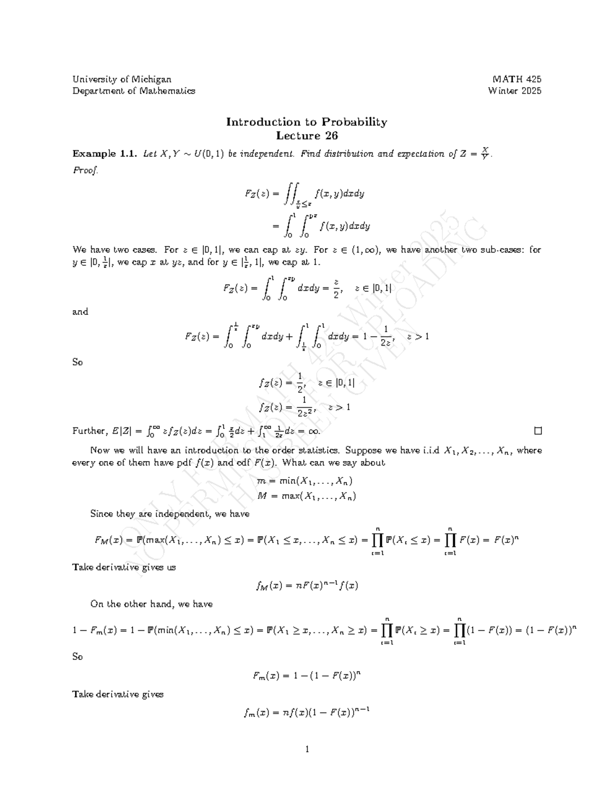MATH 425 Winter 2025 Lecture 26: Intro to Probability Concepts - Studocu