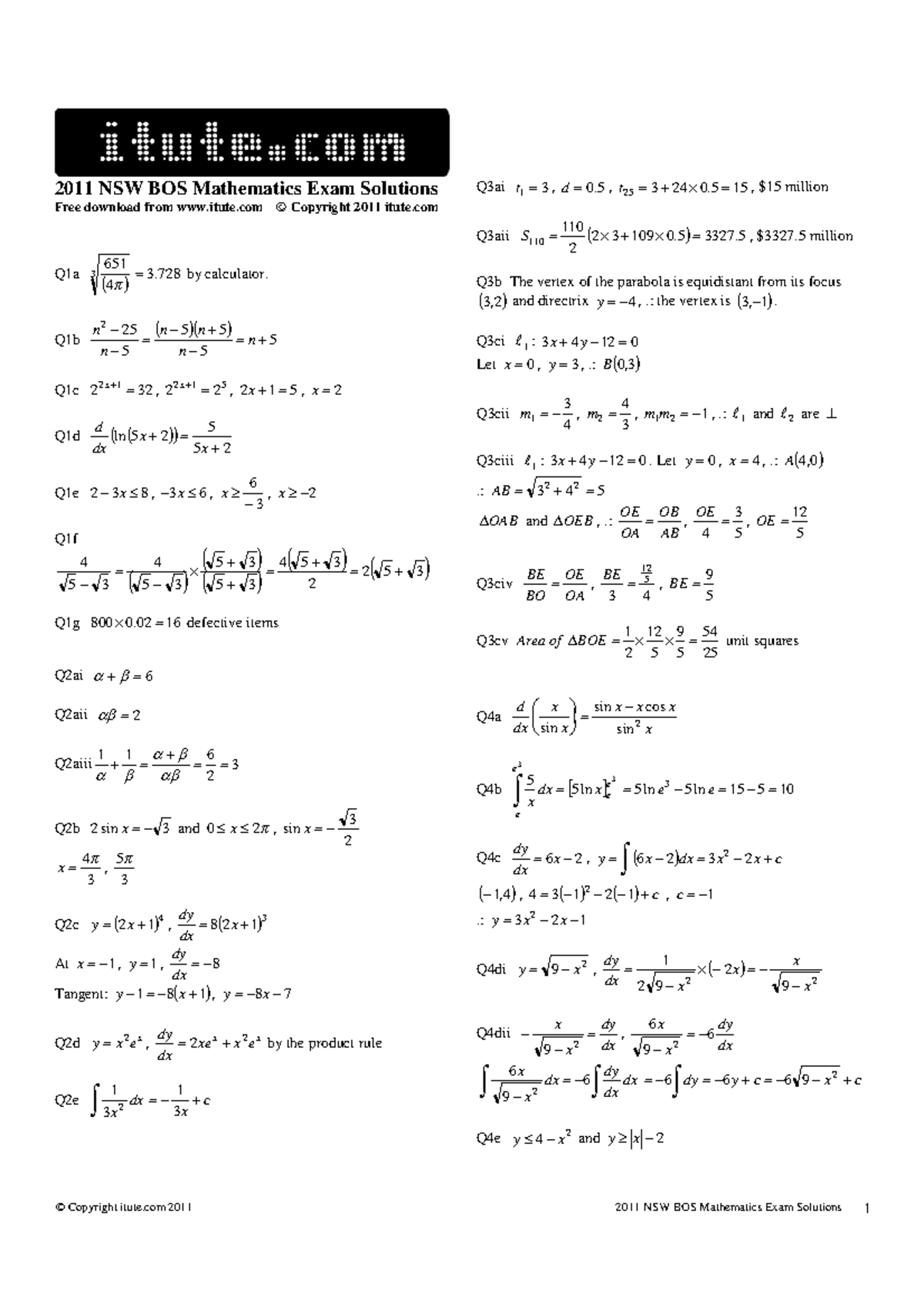 2011 NSW BOS Mathematics Exam Solutions - iTute.com - Studocu