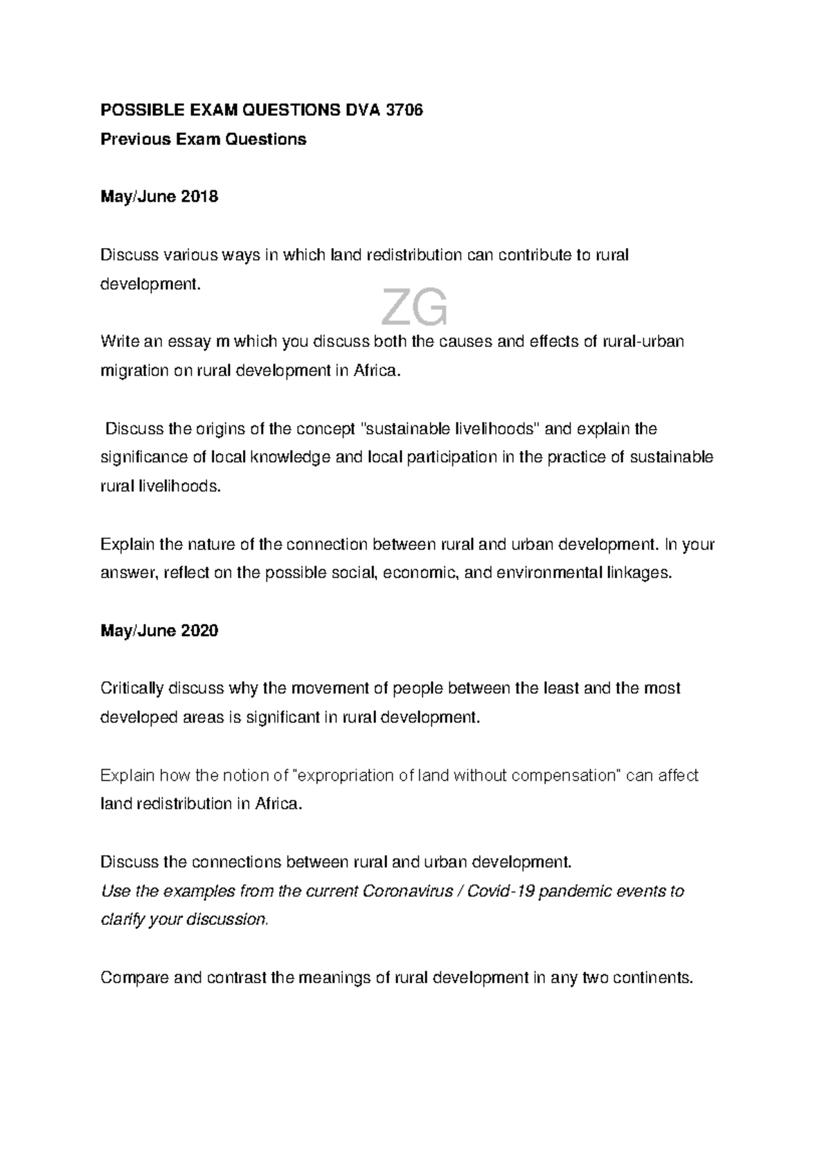 Possible Exam Questions for DVA 3706: Rural Development Insights - Studocu