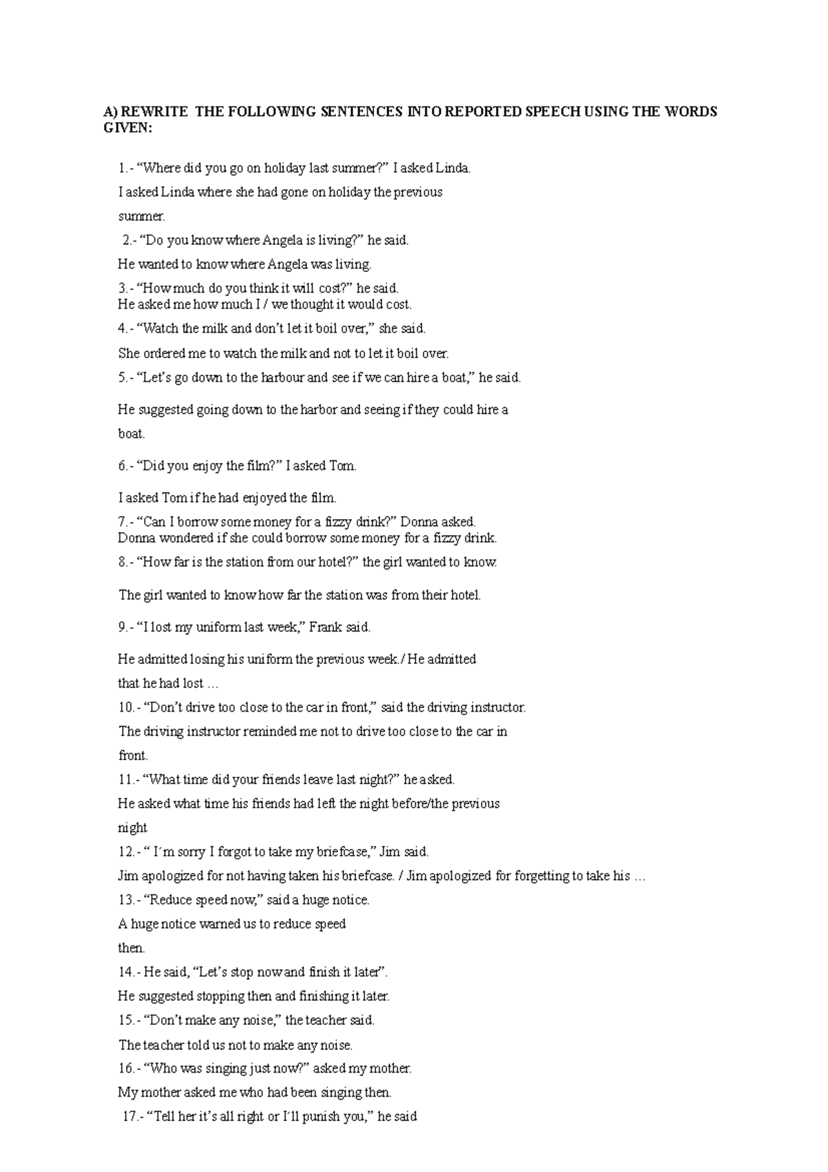 Reported Speech Exercises: Answers for English Course - ENG101 - Studocu