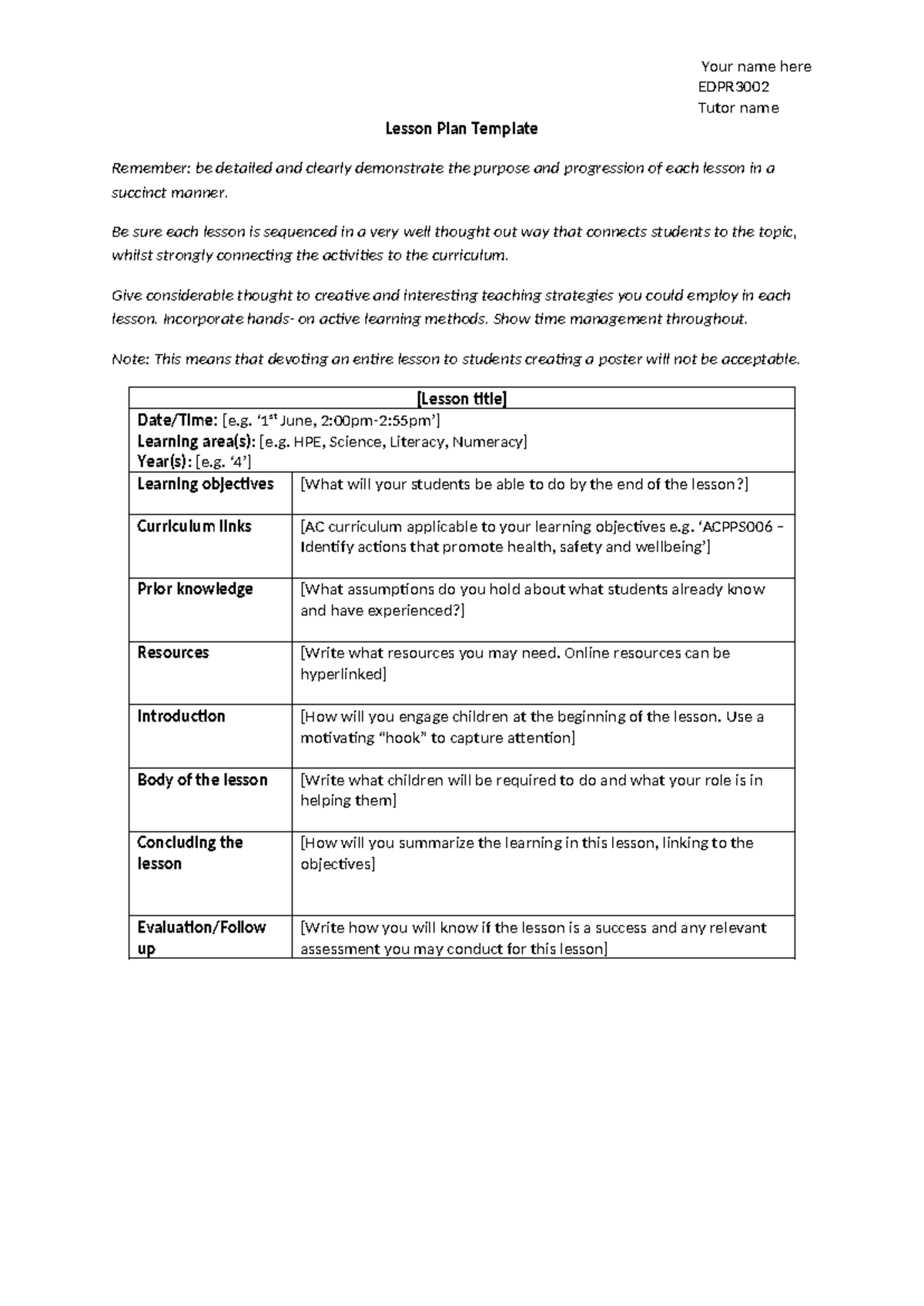 EDPR Lesson Plan Template - Detailed Structure and Guidelines - Studocu