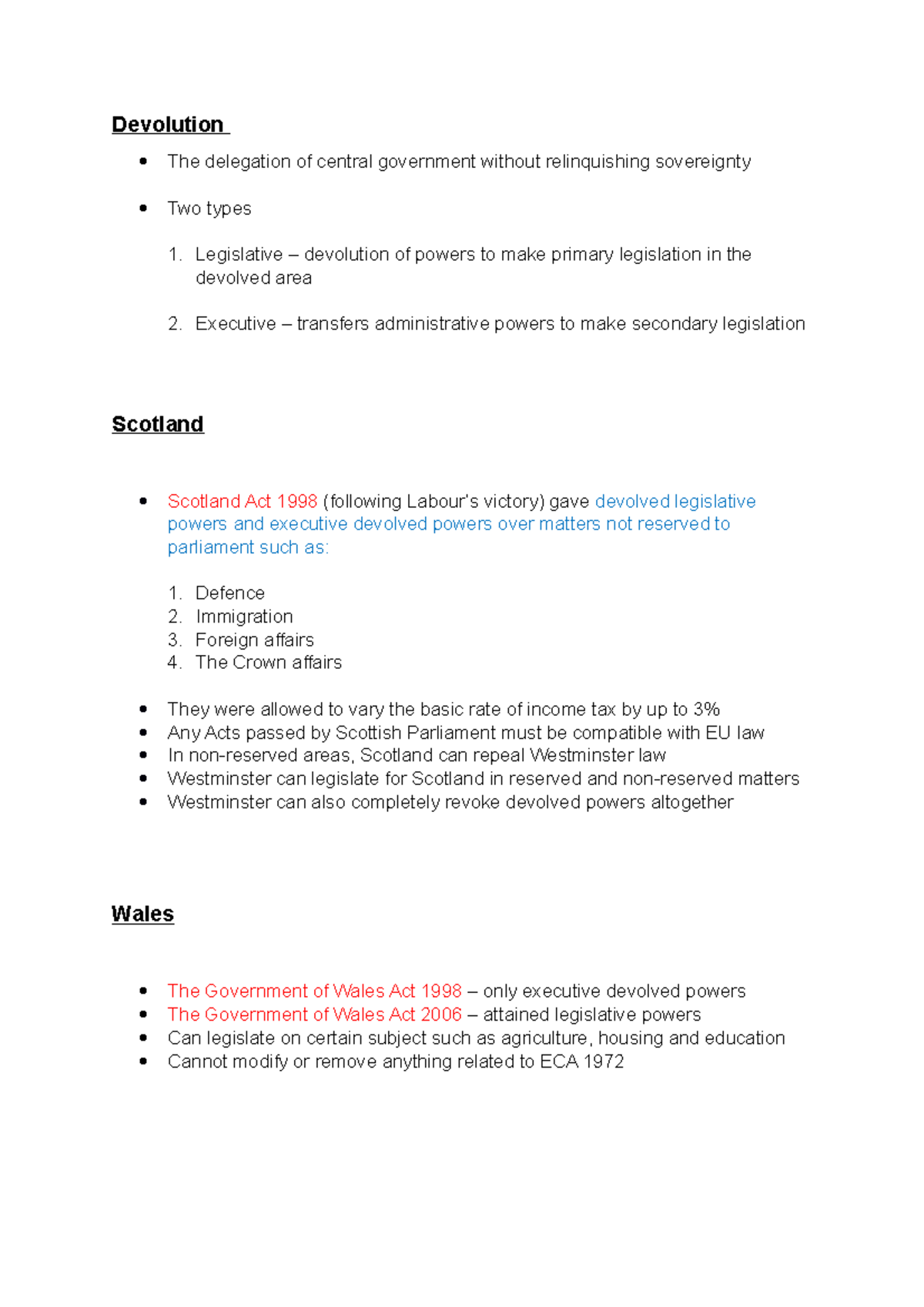 Notes on Devolution: Legislative and Executive Powers in the UK - Studocu