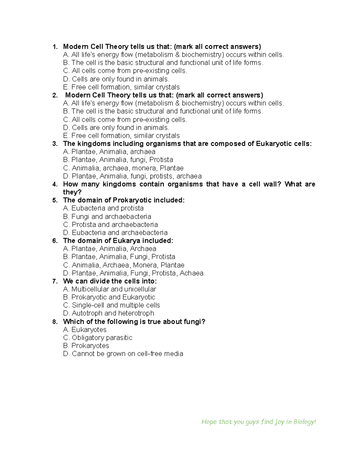 Cell Bio 1 - Practice Questions for Modern Cell Theory Basics - Studocu