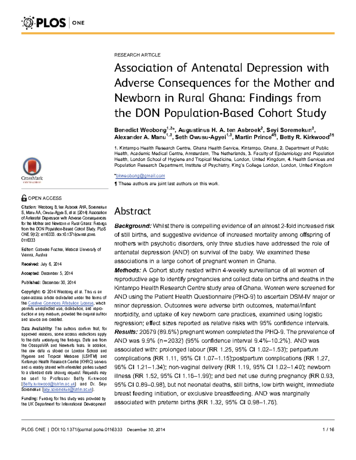 Consequences of Antenatal Depression on Maternal and Newborn Health in ...