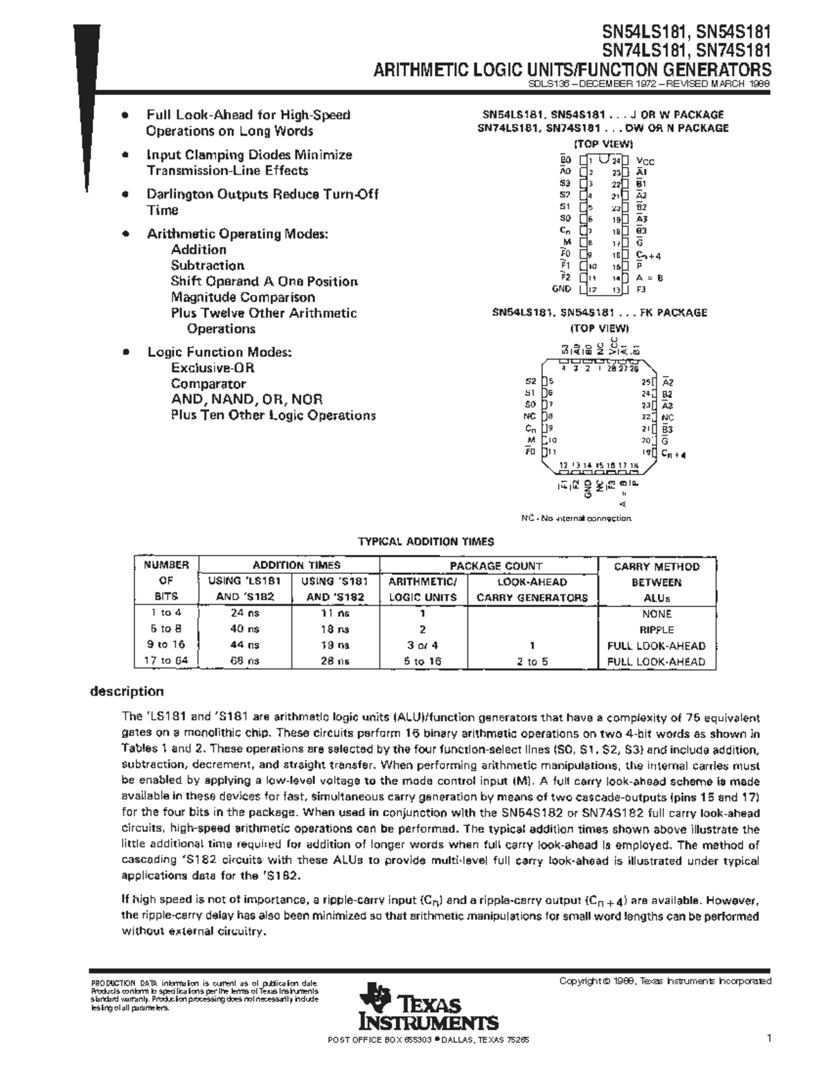74181 ALU - Datasheet for practicals. - SN74LS181, SN74S ARITHMETIC ...