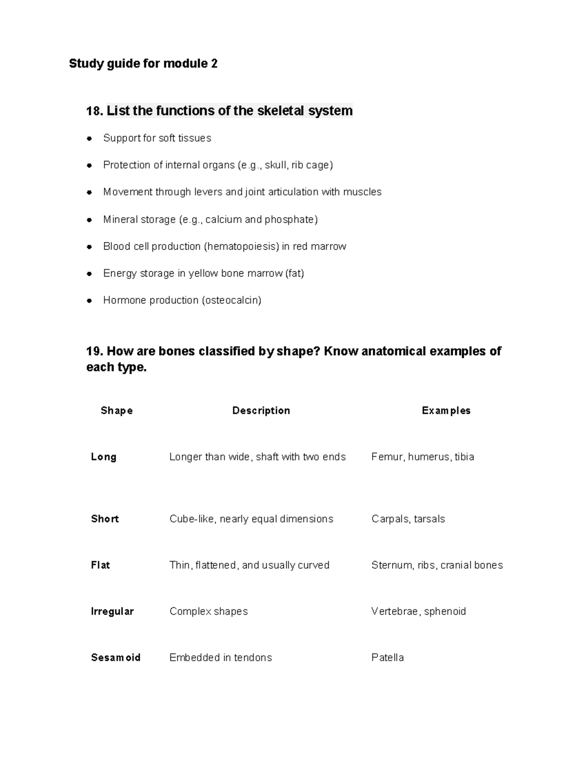 Study Guide for Module 2: Functions & Components of the Skeletal System ...