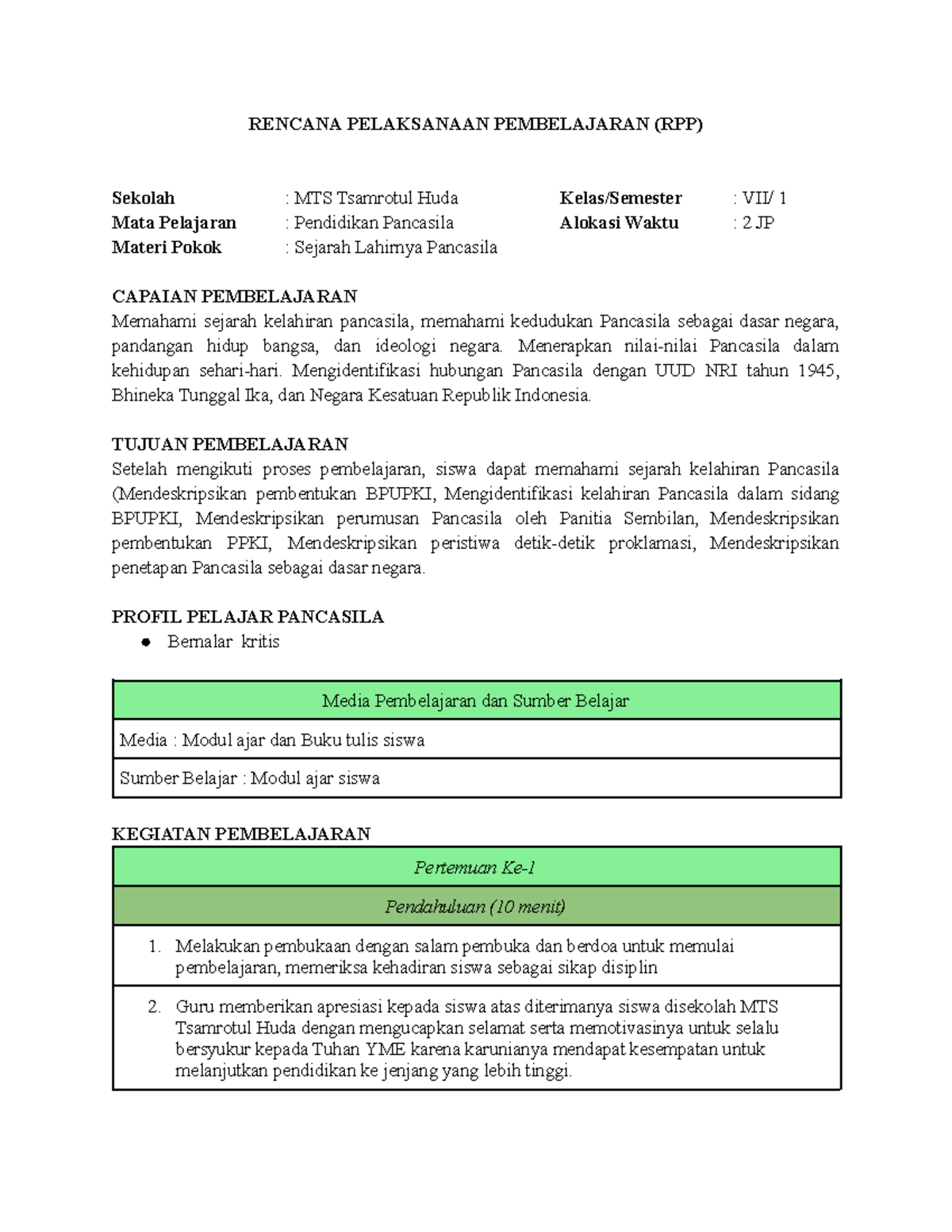RPP MTS Tsamrotul: Sejarah Lahirnya Pancasila dan Implementasinya - Studocu