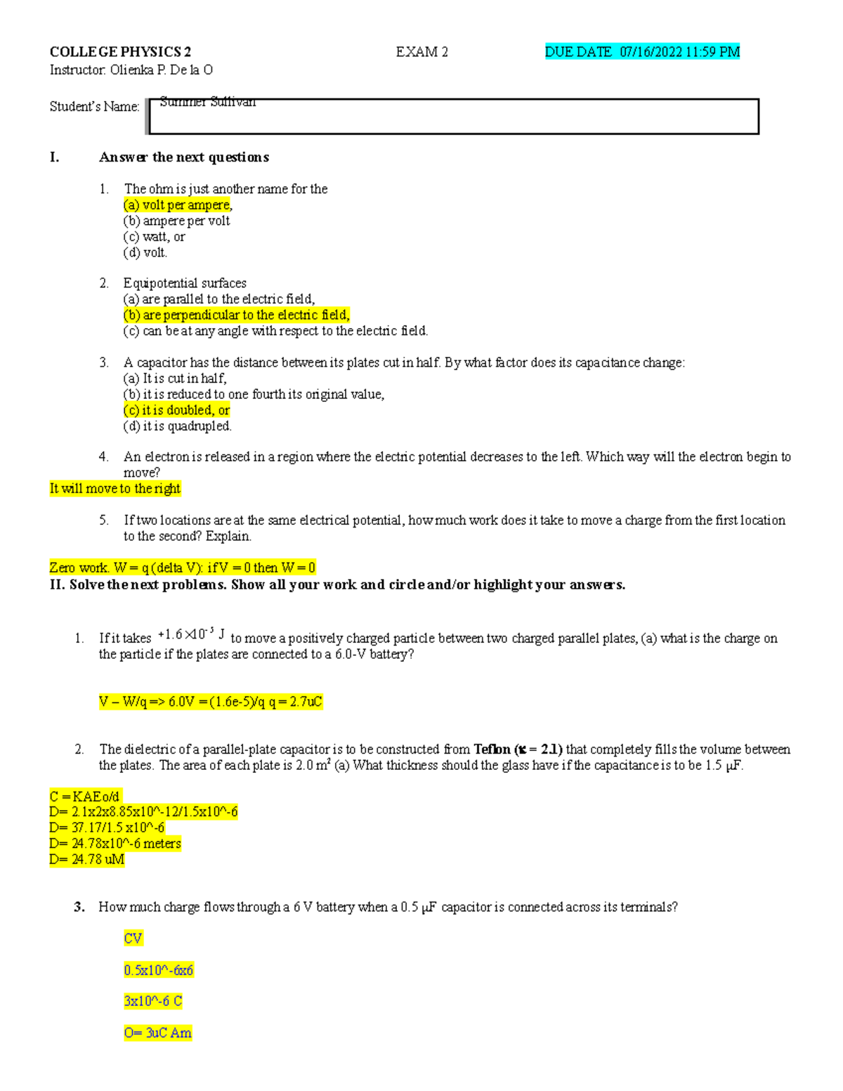 EXAM 2 Colphys 2 2022 07 14 - COLLEGE PHYSICS 2 EXAM 2 DUE DATE 07/16 ...