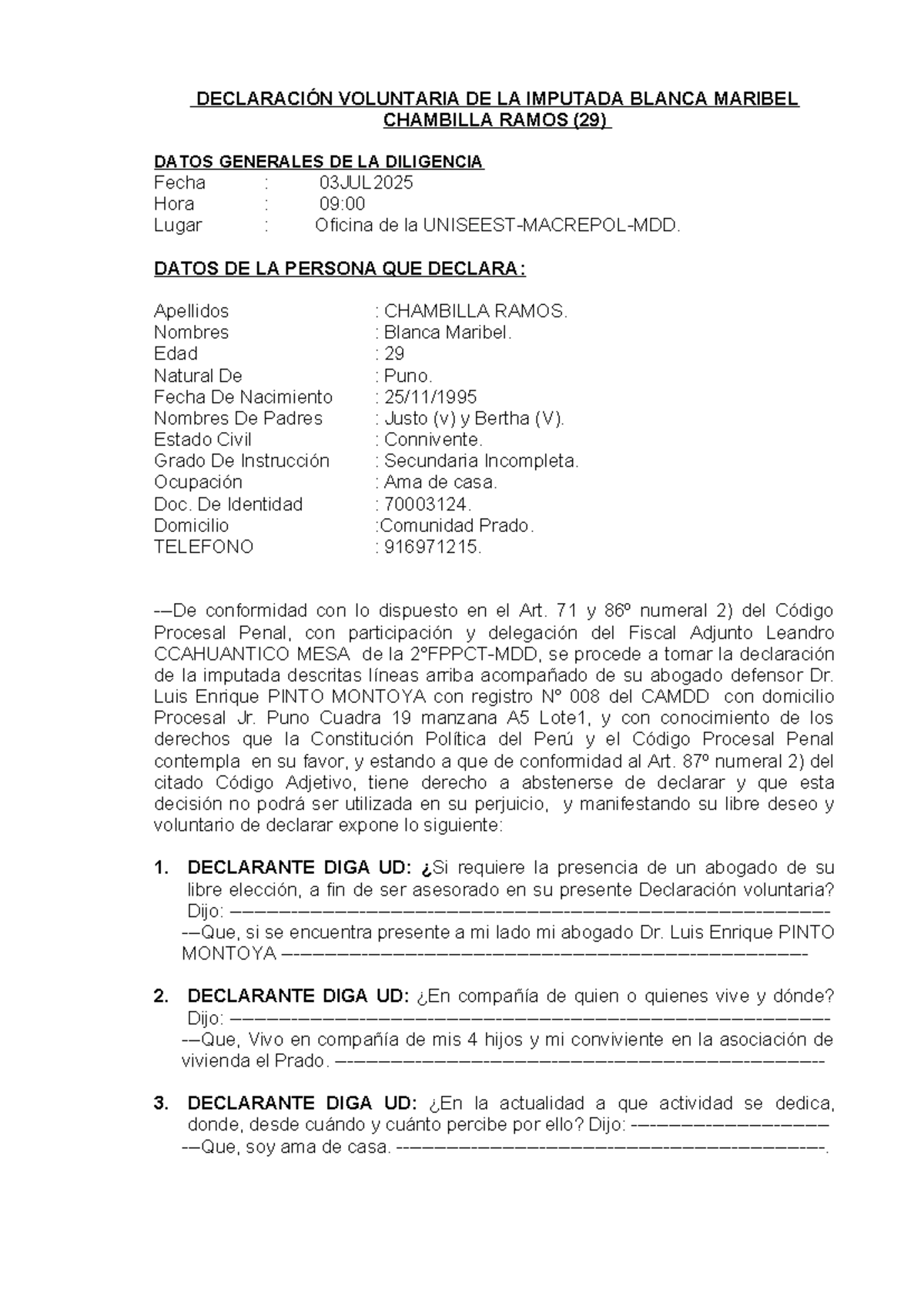 Declaración Voluntaria del Imputado por Usurpación de Terreno (Código Penal) - Document Preview
