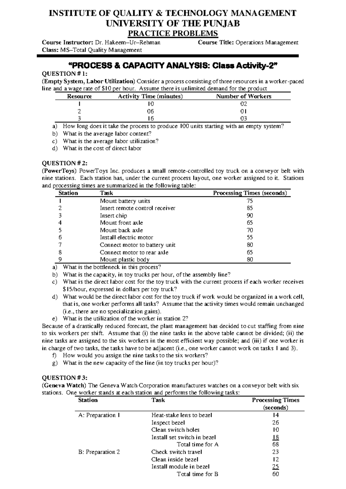 Practice Problems for MS-TQM: Process & Capacity Analysis - Q4 - Studocu