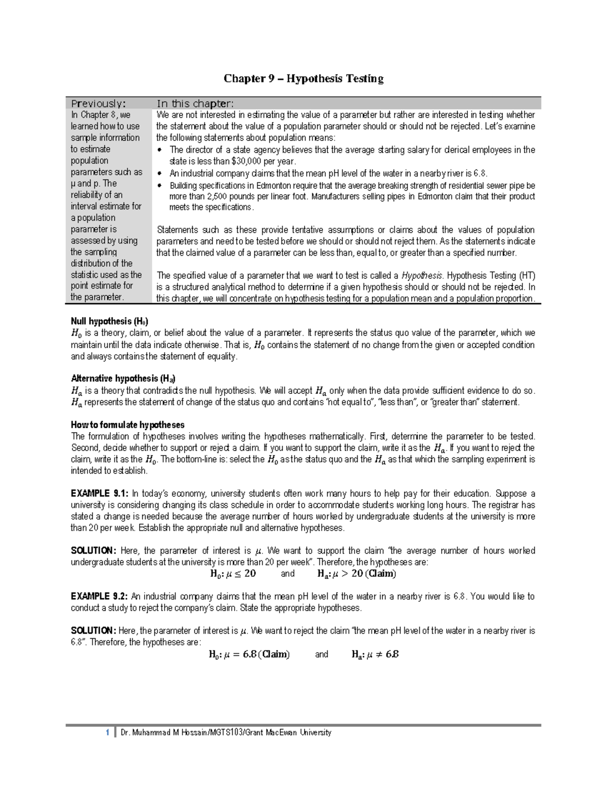 Hypothesis Testing Overview and Examples for MGTS103 Class - Studocu