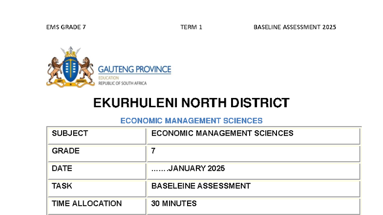 EMS Grade 7 Term 1 Baseline Assessment 2025: Financial Literacy - Studocu