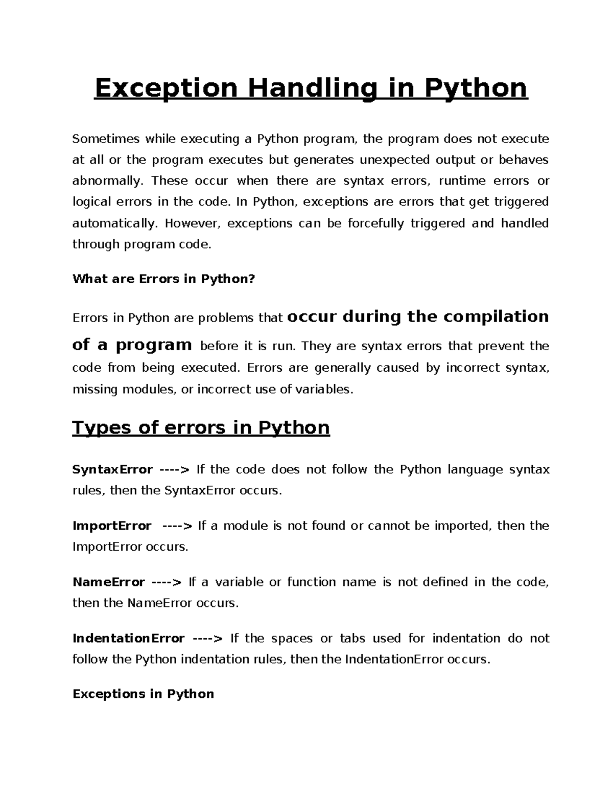 Exception Handling in Python: Understanding Errors and Exceptions - Studocu