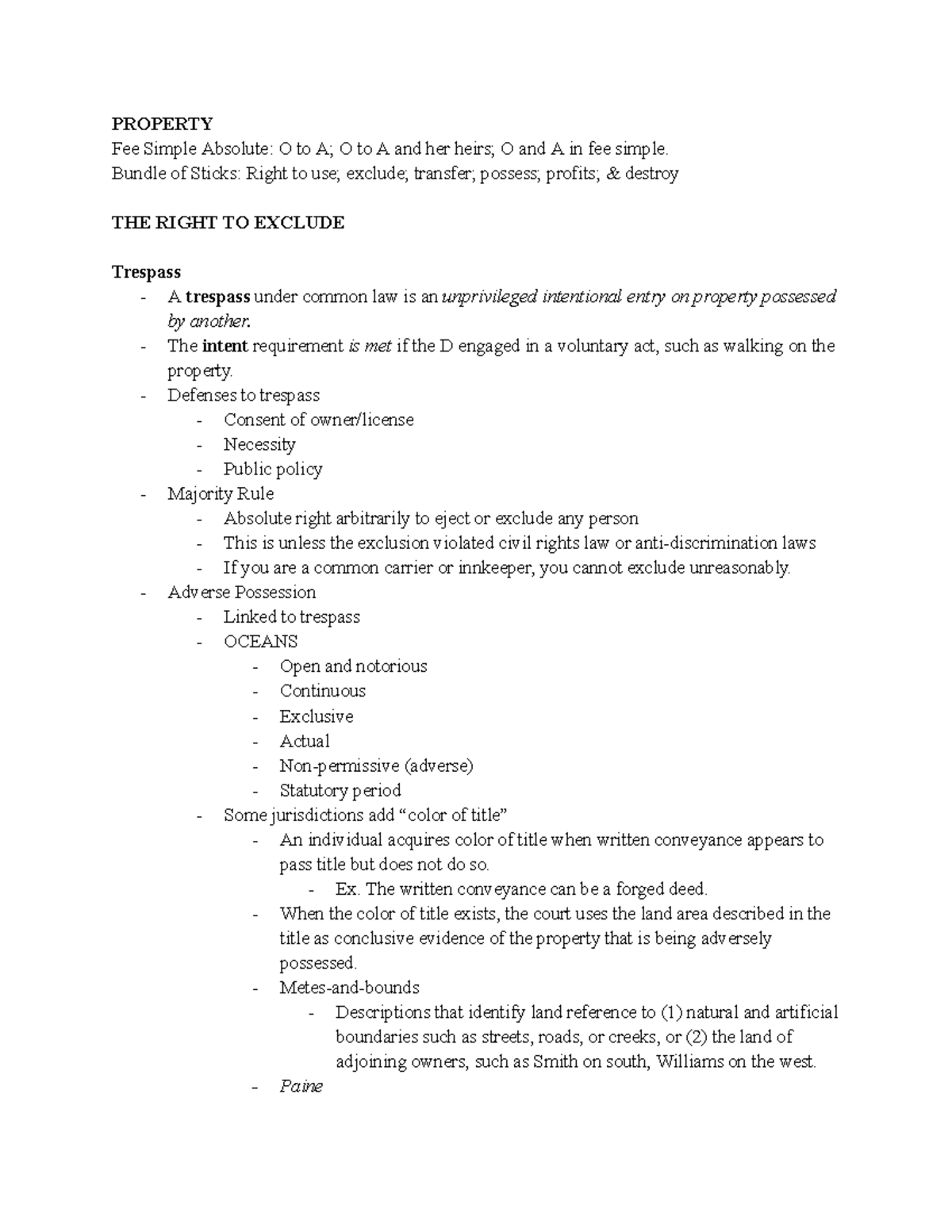 PROPERTY Outline: Fee Simple Absolute, Trespass, Adverse Possession ...