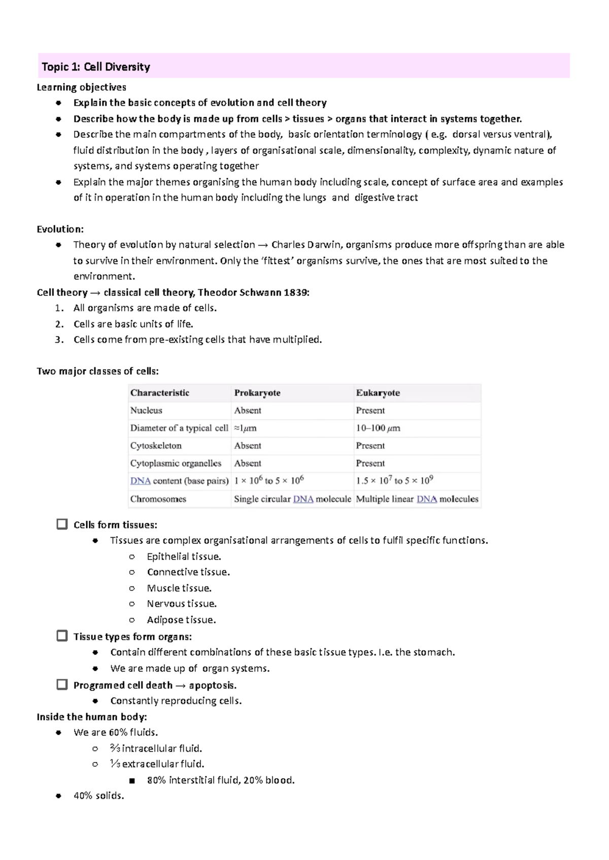 Human BIO Notes - Topic 1: Cell Diversity Learning objectives Explain ...