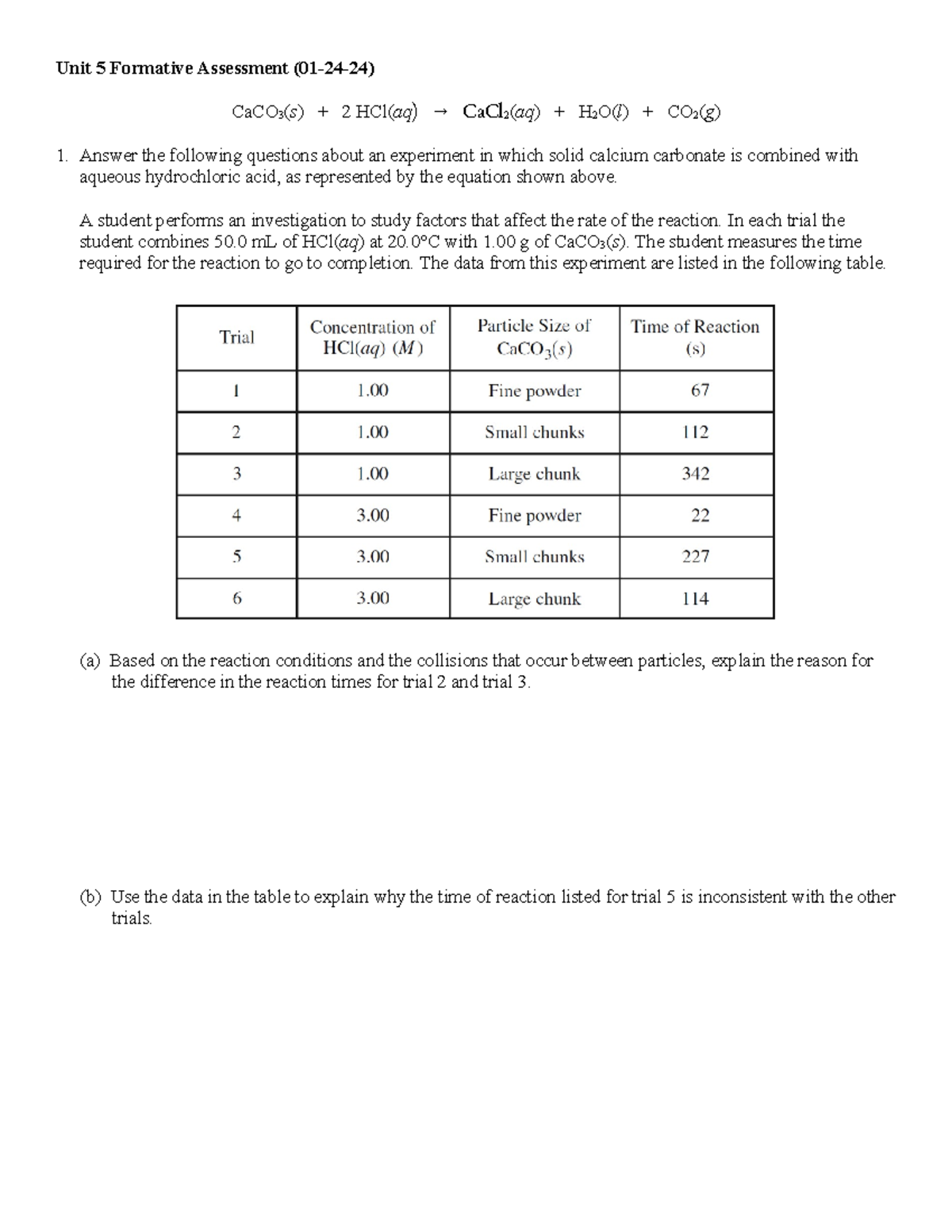 Unit 5 Formative Assessment: Investigating Reaction Rates and Orders ...