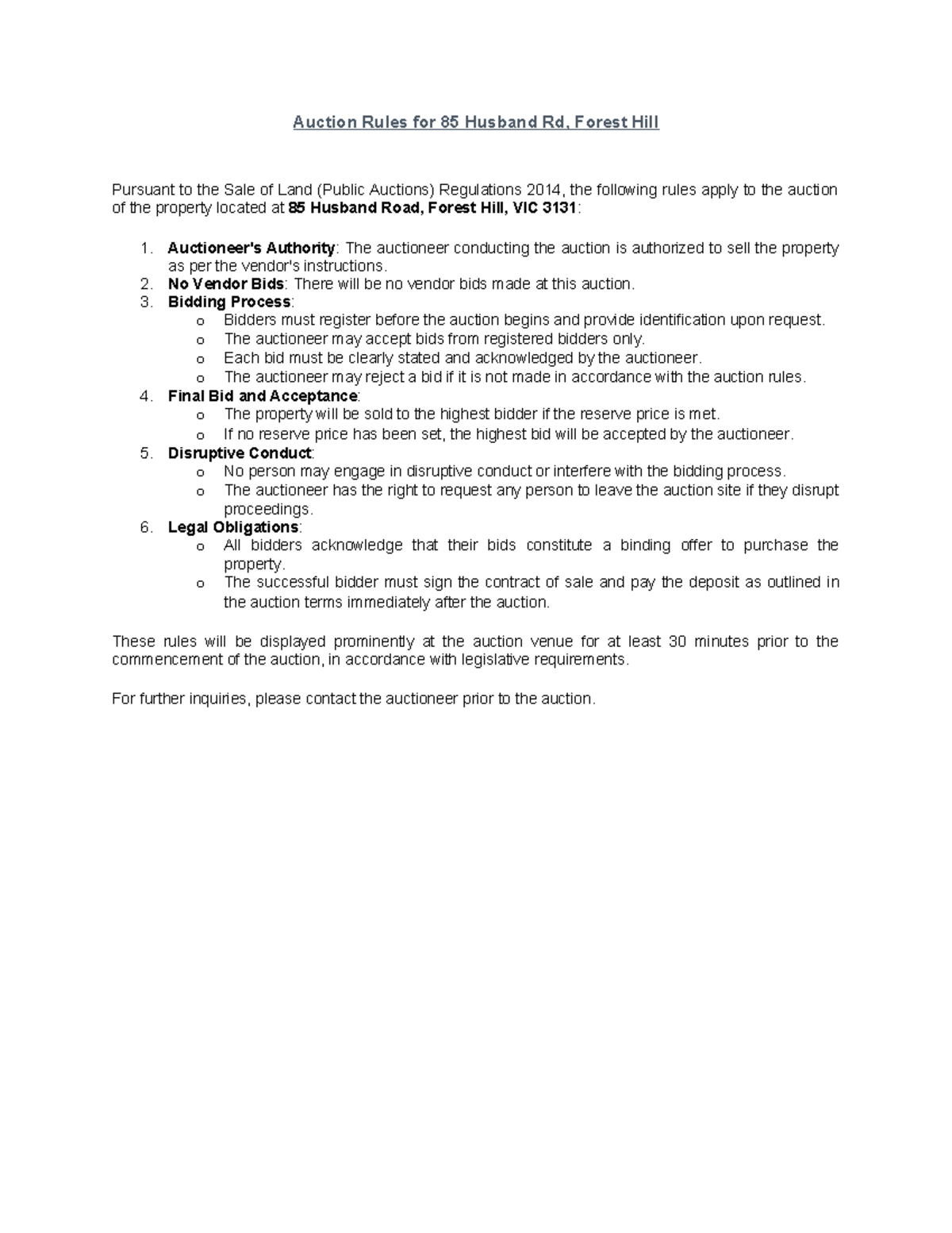 Auction Rules for 85 Husband Rd, Forest Hill - 2014 Regulations - Studocu