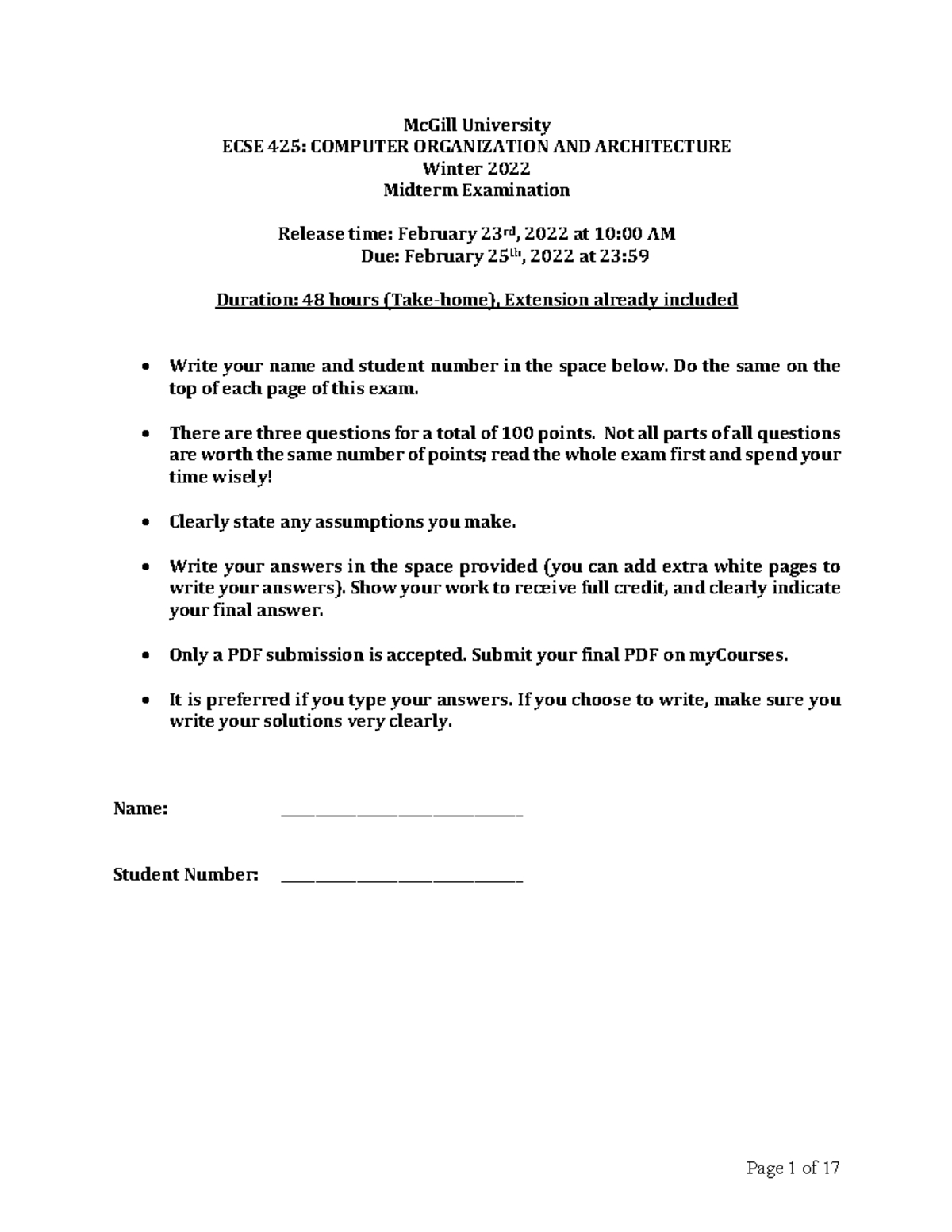 Midterm solutions winter - McGill University ECSE 425: COMPUTER ...