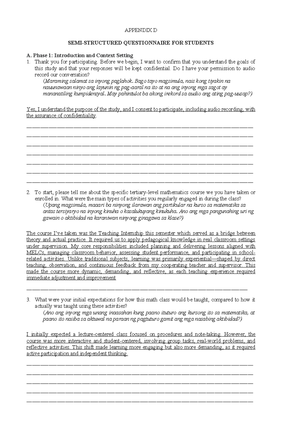 APPENDIX D: STUDENT QUESTIONNAIRE ON MATH TEACHING INTERNSHIP - Studocu