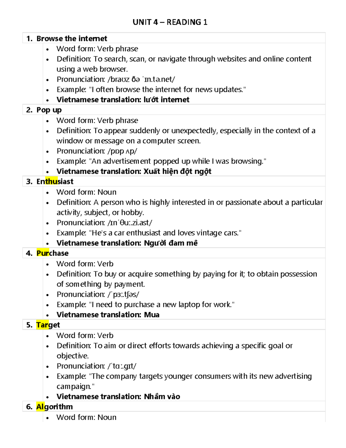 UNIT 4 READING 1 - Vocabulary and Definitions Guide - Studocu