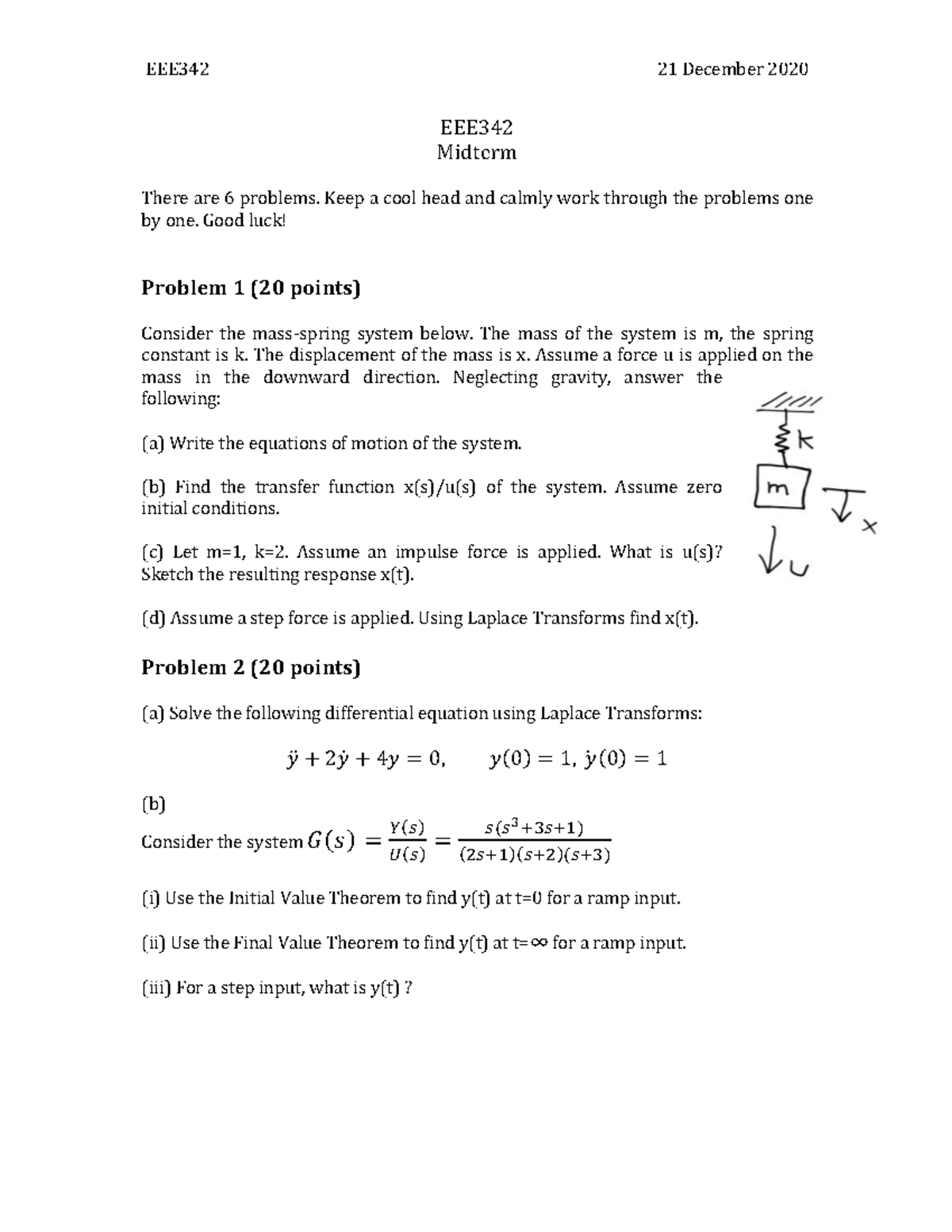 21 December 2020 Midterm Exam: System Dynamics & Laplace Transforms ...