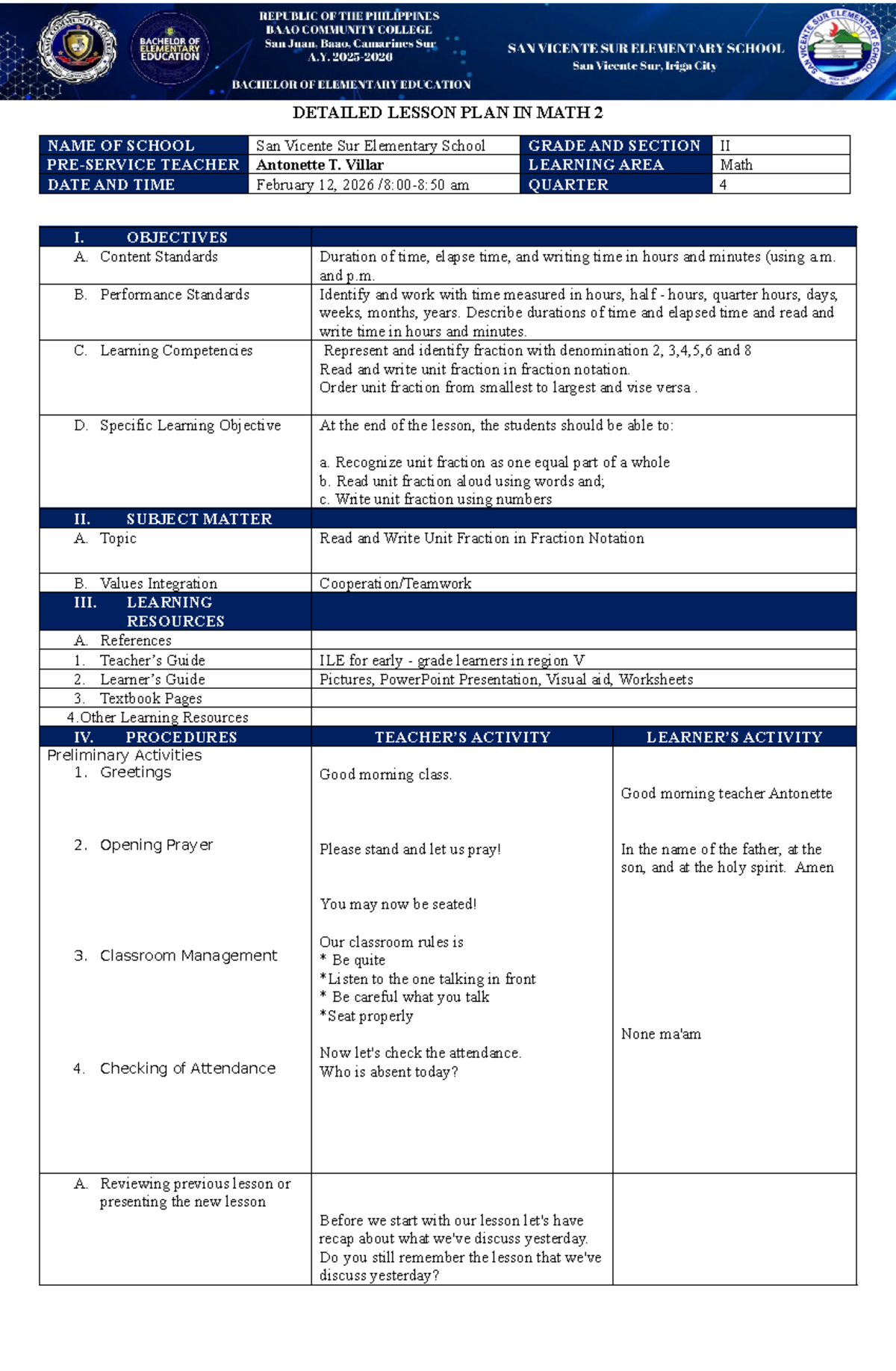 Svses-DLP-MATH 2: Detailed Lesson Plan on Unit Fractions - Studocu