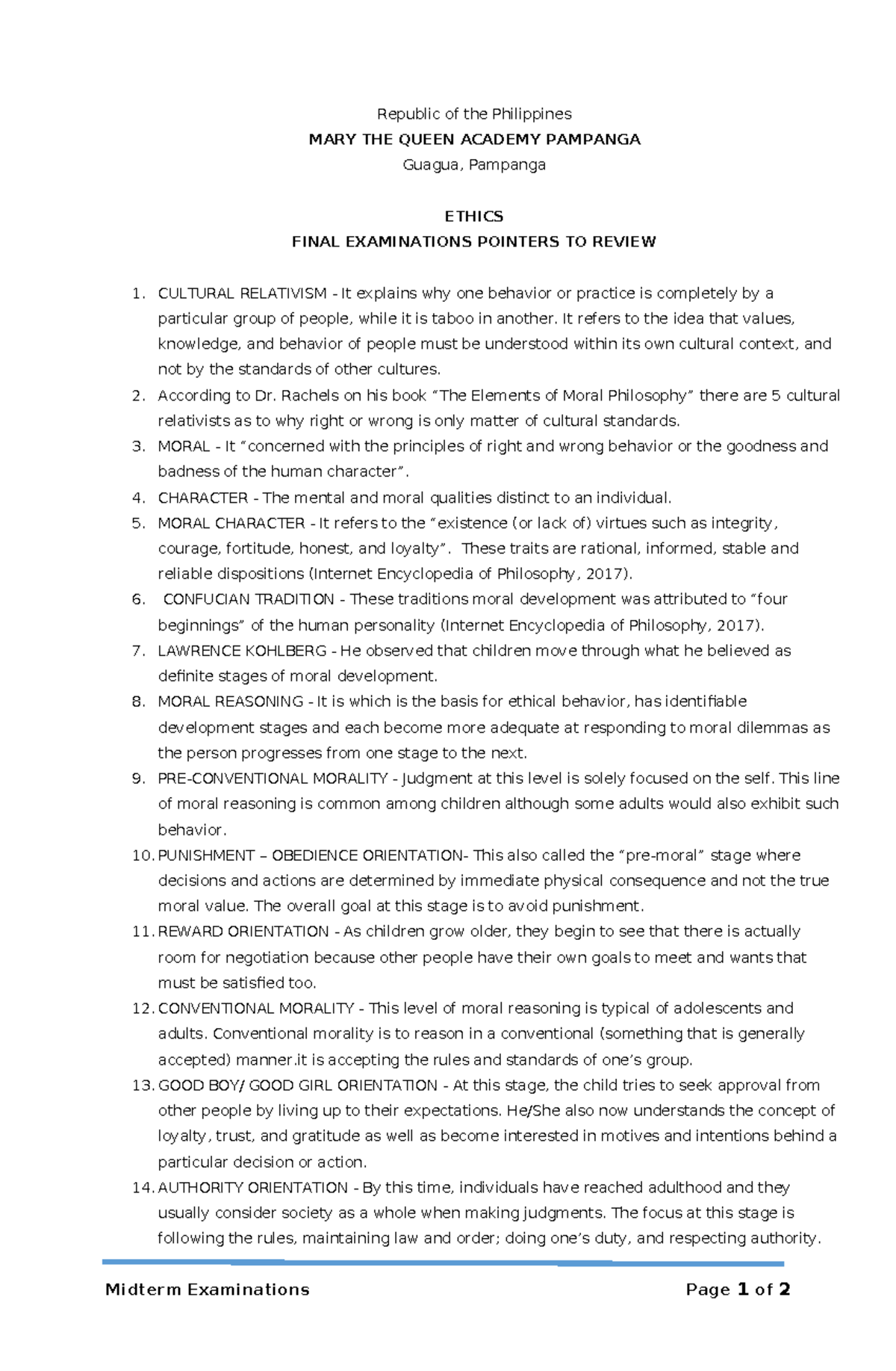 ETHICS 101 FINAL EXAM REVIEW: CULTURAL RELATIVISM & MORALITY - Studocu
