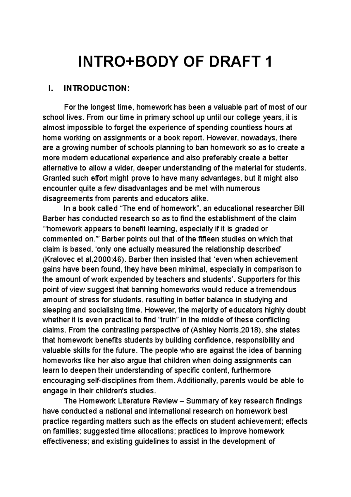Should homework be ban - Amateur writing - INTRO+BODY OF DRAFT 1 I ...