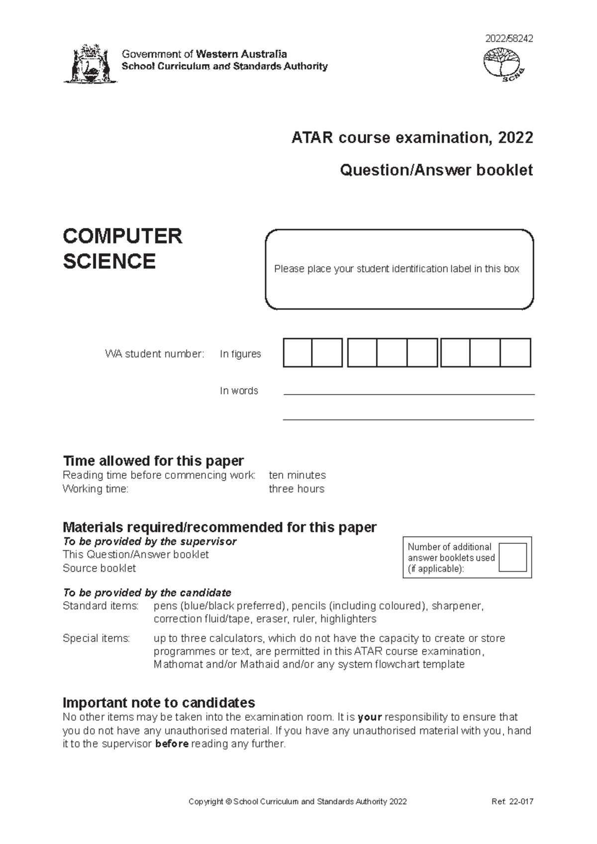 2022 WACE Exam - ATAR Computer Science Examination Booklet - Studocu