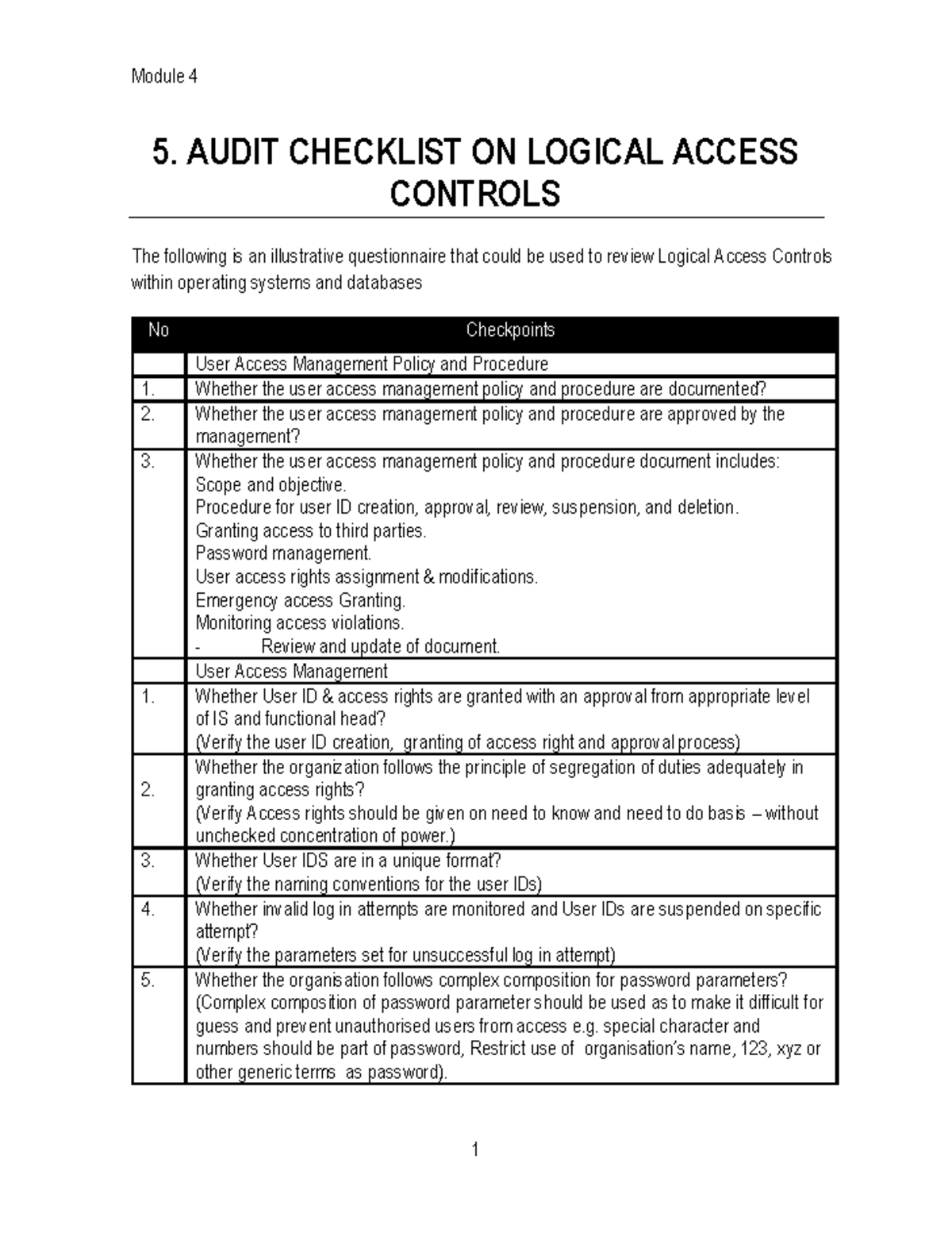Audit Checklist for Logical Access Control - Module 4 Evaluation - Studocu