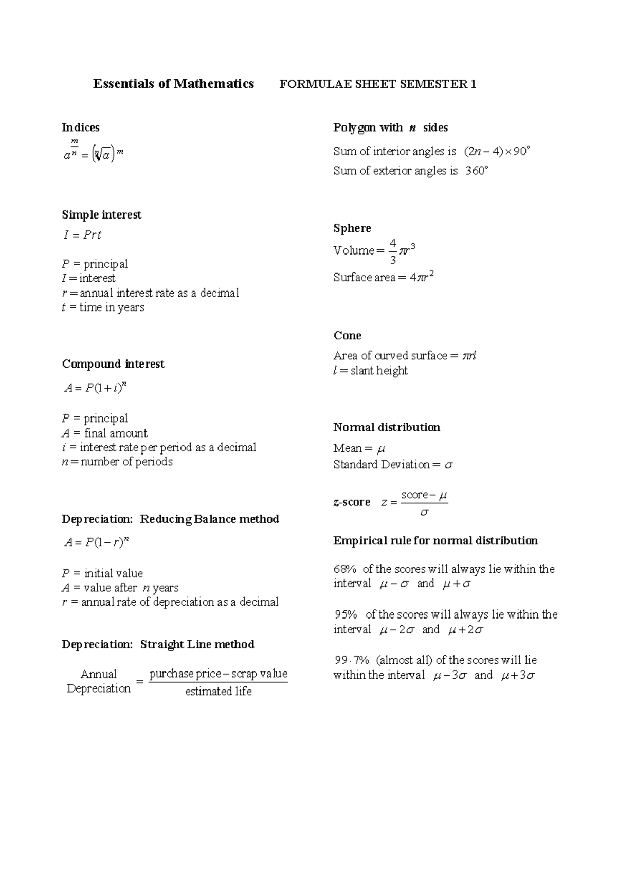 L24 Mathematics Practice Exam - Essential Formulae & Concepts - Studocu