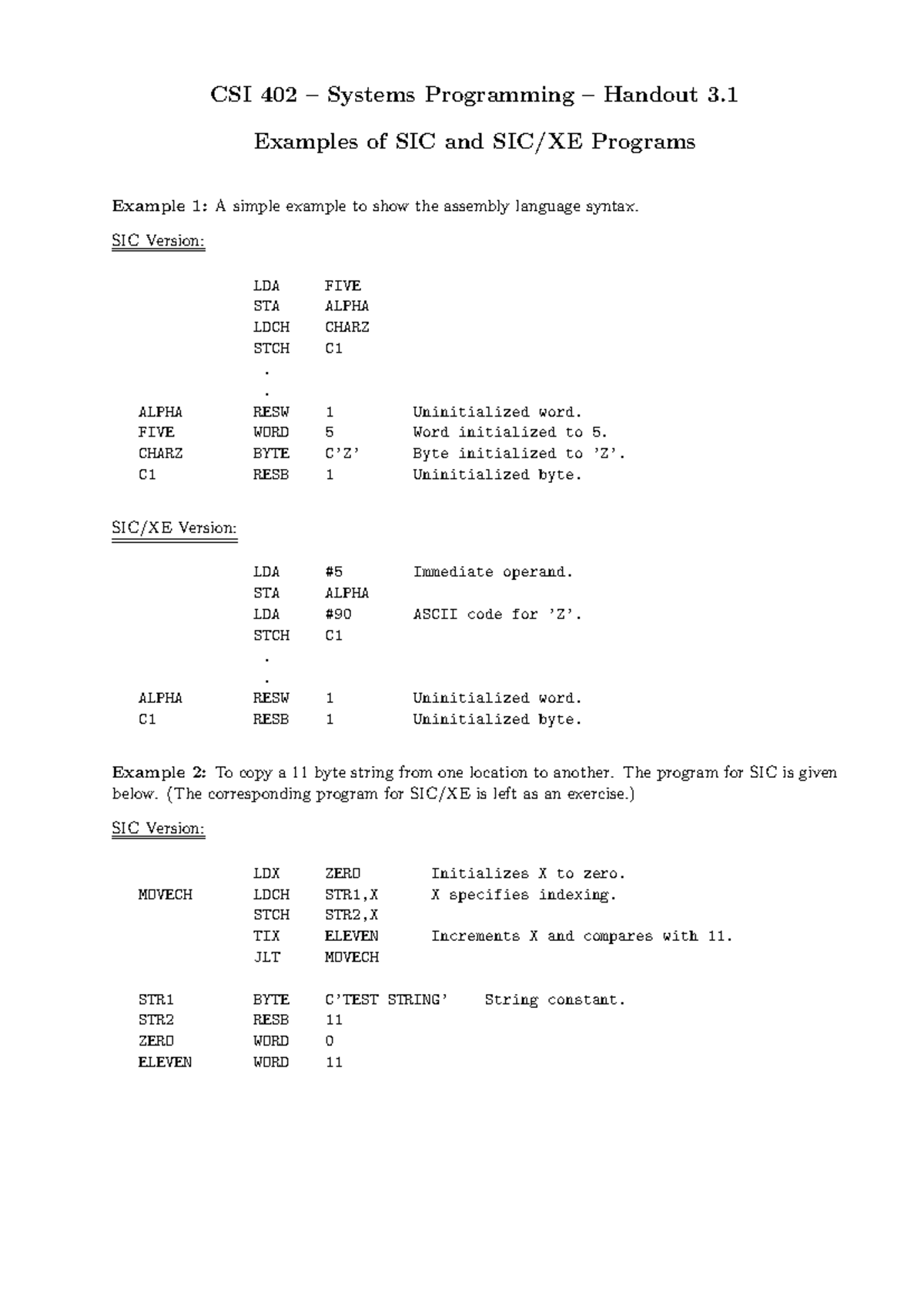 Handout 3.1 - Examples of SIC and SIC/XE Programs - CSI 402 Systems ...