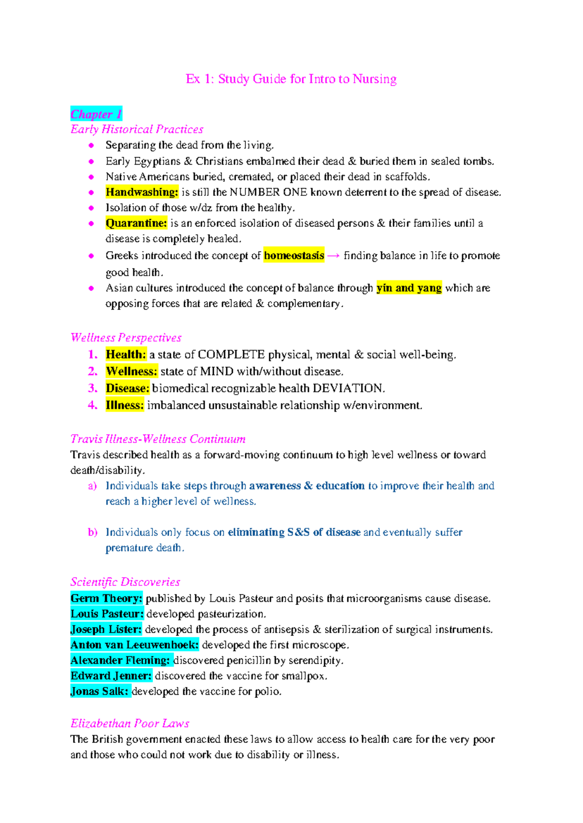 Ex 1: Study Guide for Intro to Nursing - Historical Practices & Health ...