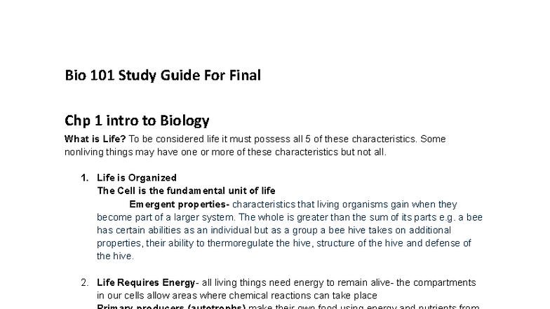 Bio 101 Final Exam Study Guide: Key Concepts in Biology - Studocu
