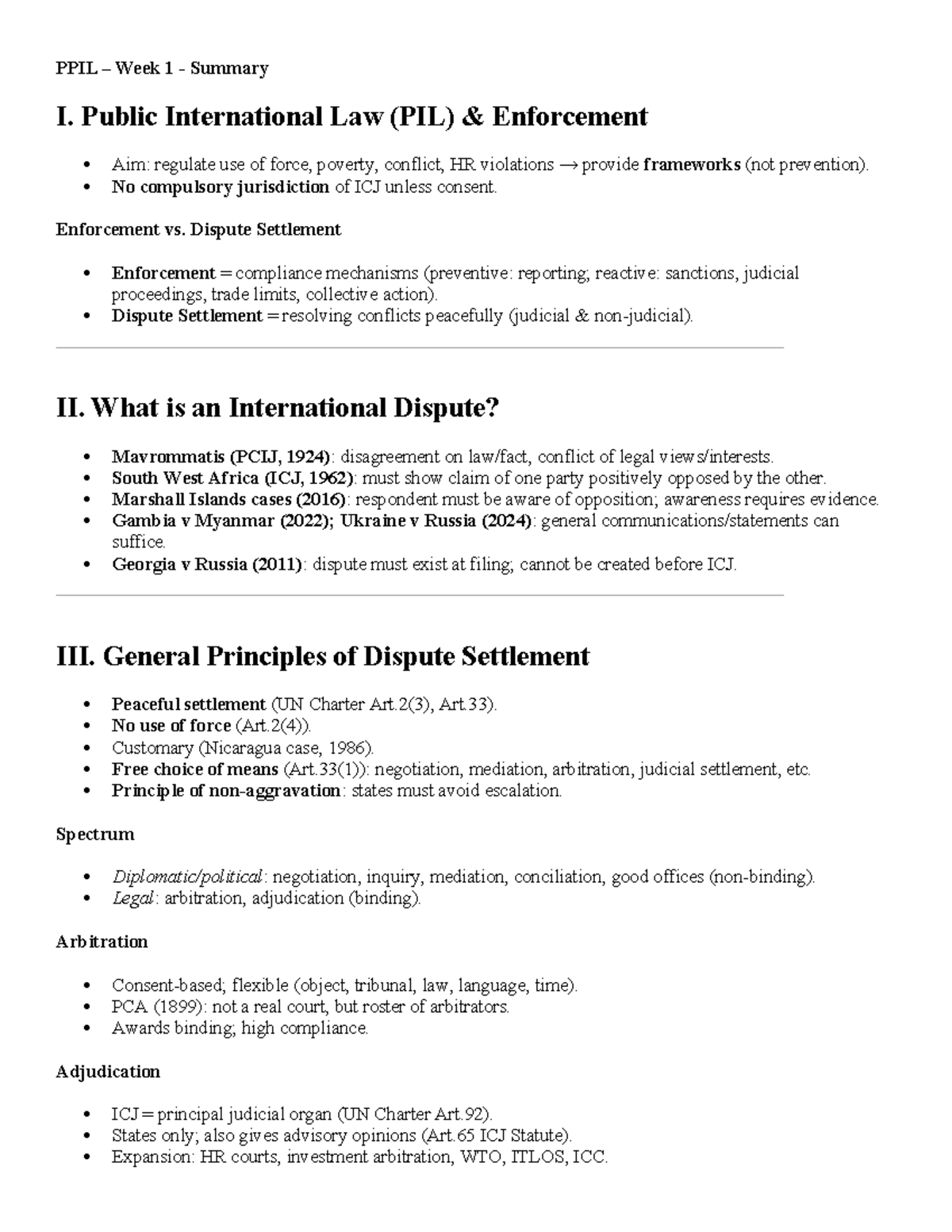 PPIL Week 1 Summary: Enforcement & Dispute Settlement in PIL - Studeersnel