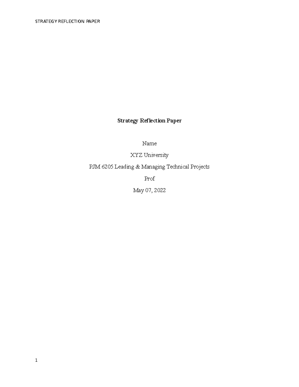 Strategy Reflection Paper - Strategy Reflection Paper Name XYZ ...