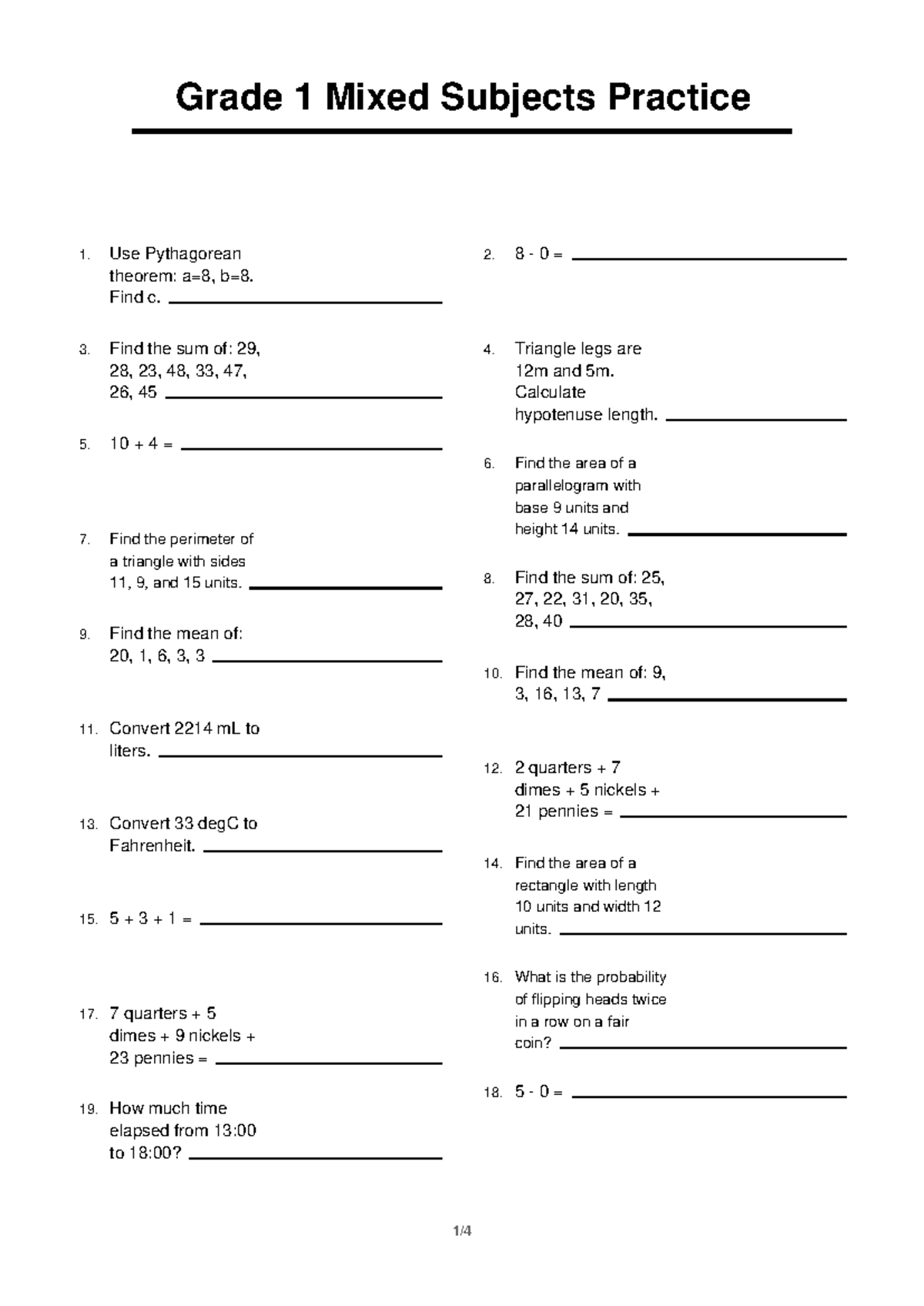 Grade 1 Mixed Subjects Practice 10: Math Problems & Solutions - Studocu