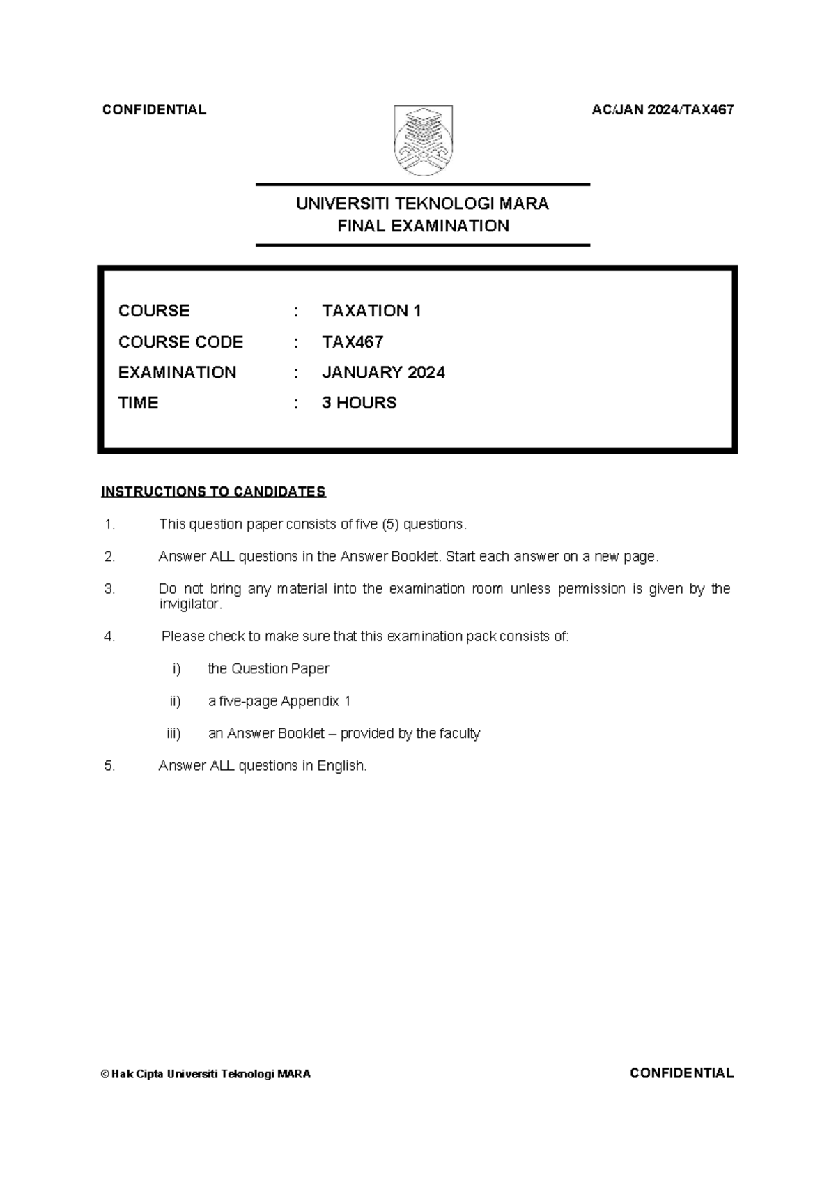 Q TAX467 - Final Exam January 2024 - Taxation 1 Exercises - Studocu
