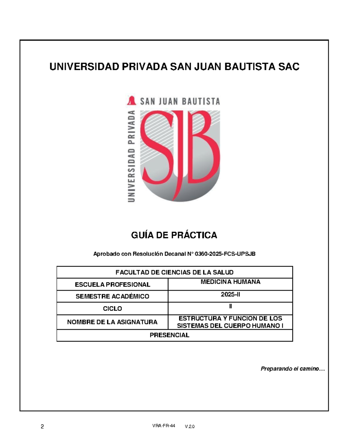 G.P. Estructura y Función de los Sistemas del Cuerpo Humano I 2025-II - Document Preview