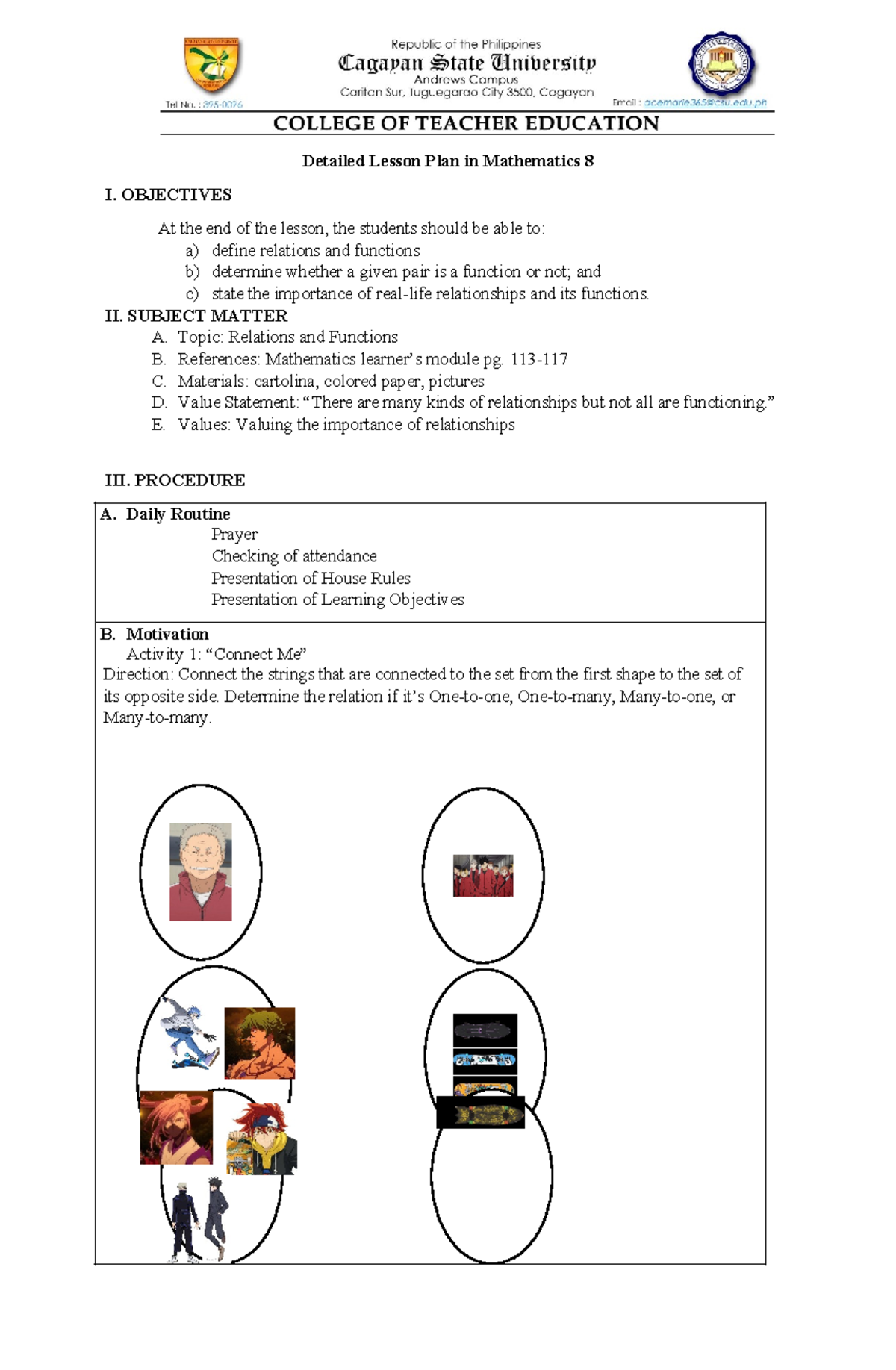 Detailed Lesson Plan: Relations and Functions for Math 8 - Studocu