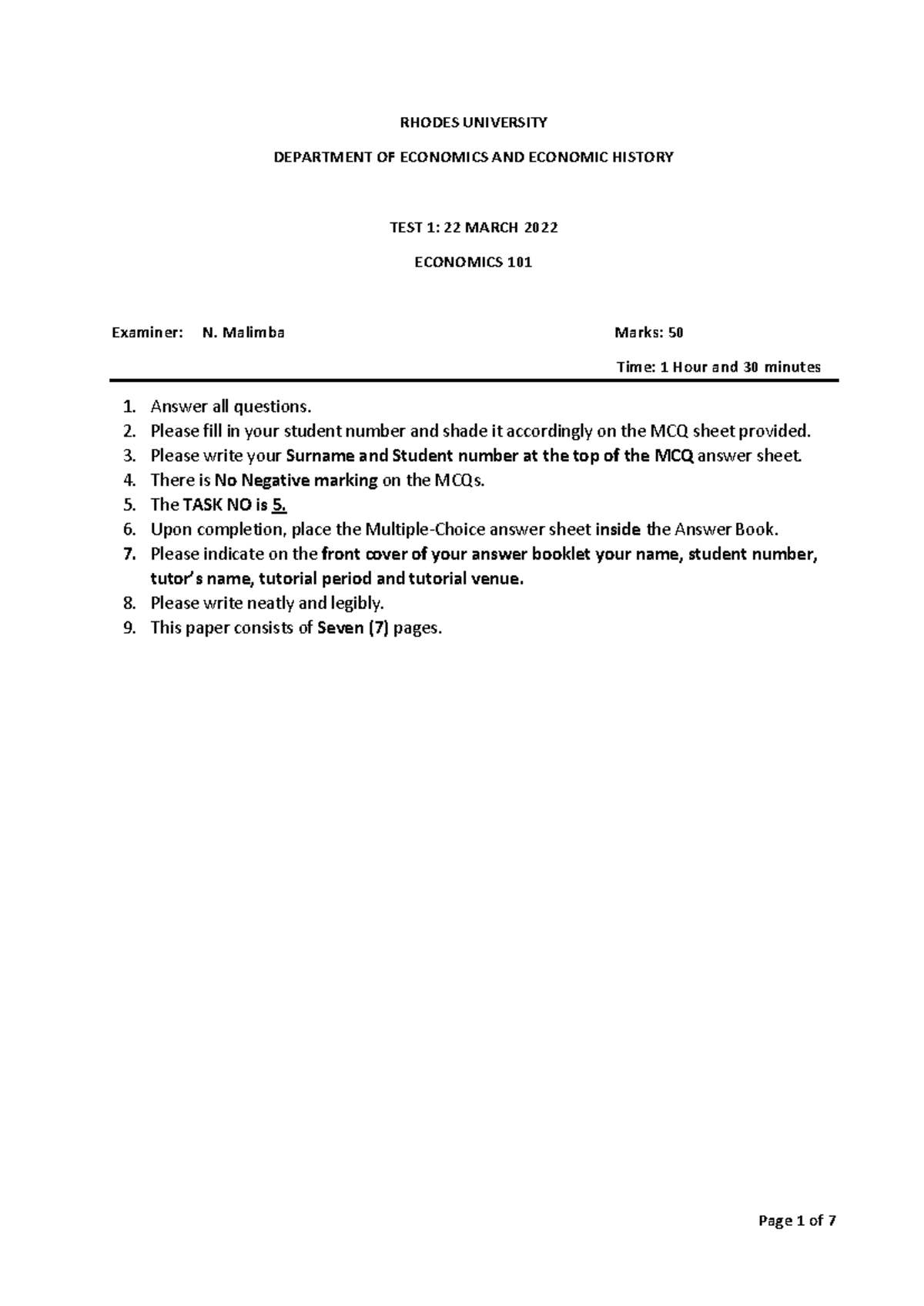 Econ 101 TEST 1: March 22, 2022 - Multiple Choice & Short Questions ...