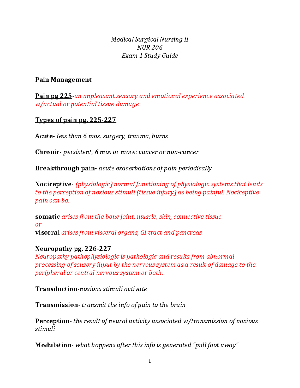 Exam 1 Study Guide NUR 206 - Medical Surgical Nursing II - Studocu