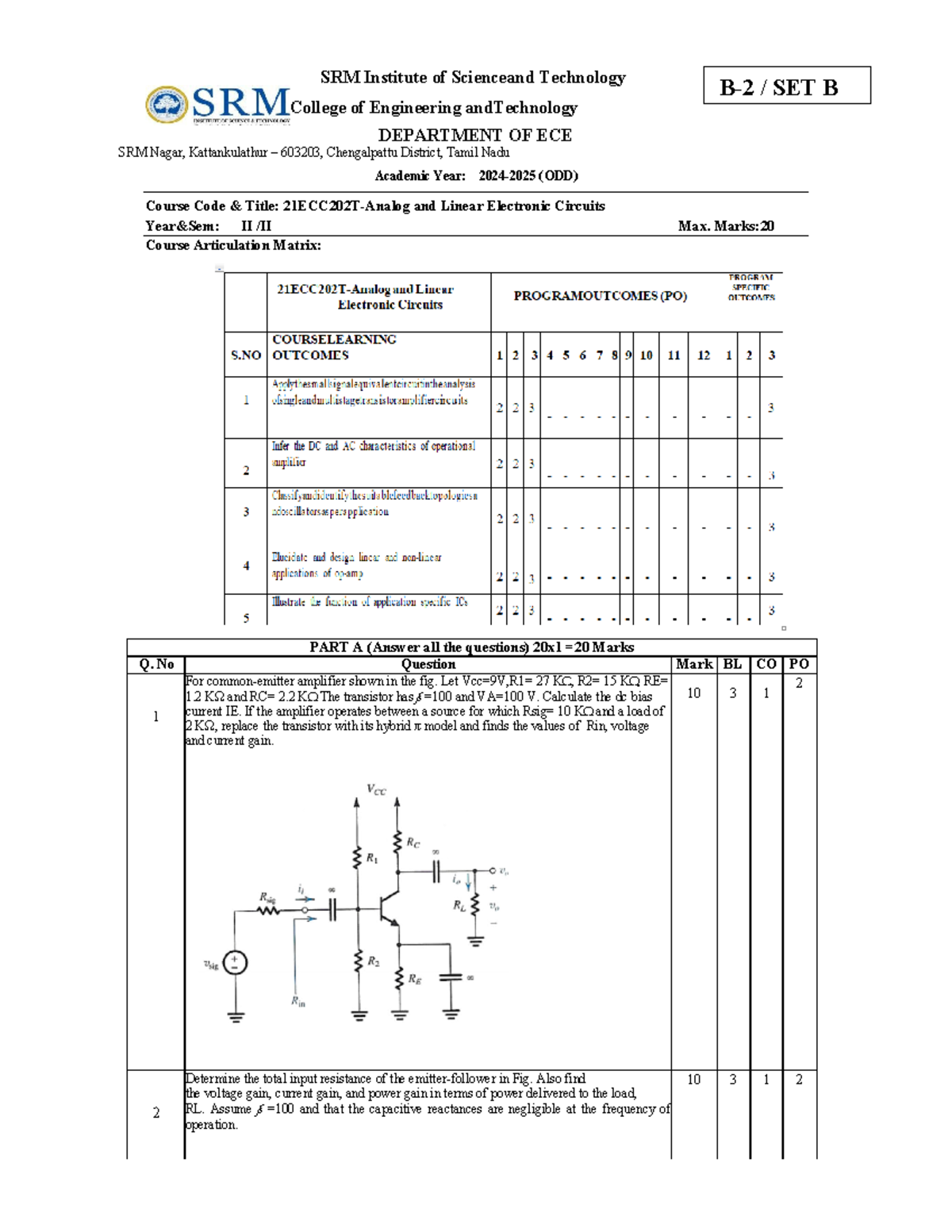 analog assignment 1 - SRM Institute of Scienceand Technology College of ...