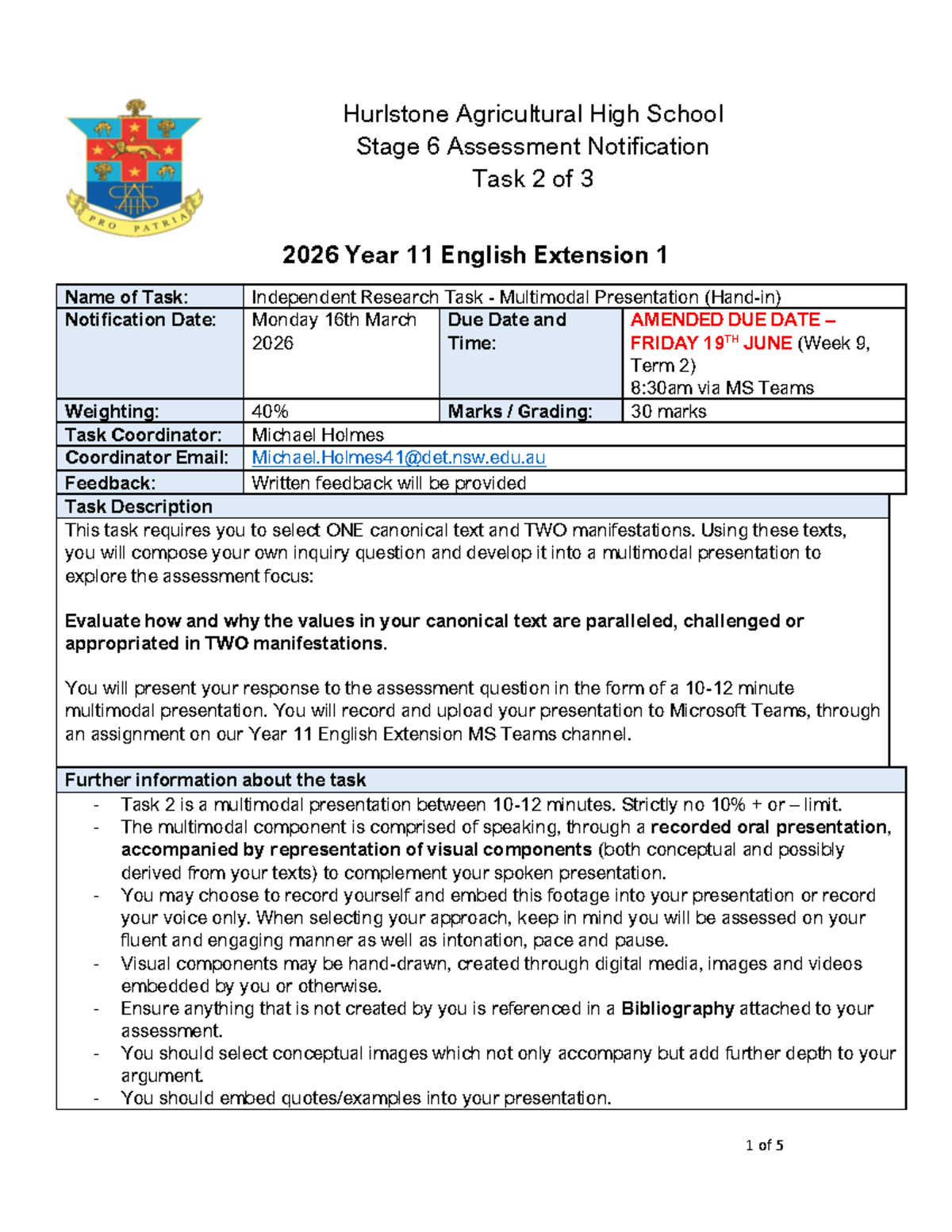 2026 HAHS Year 11 English Ext 1 Task 2: IRP Notification - Studocu