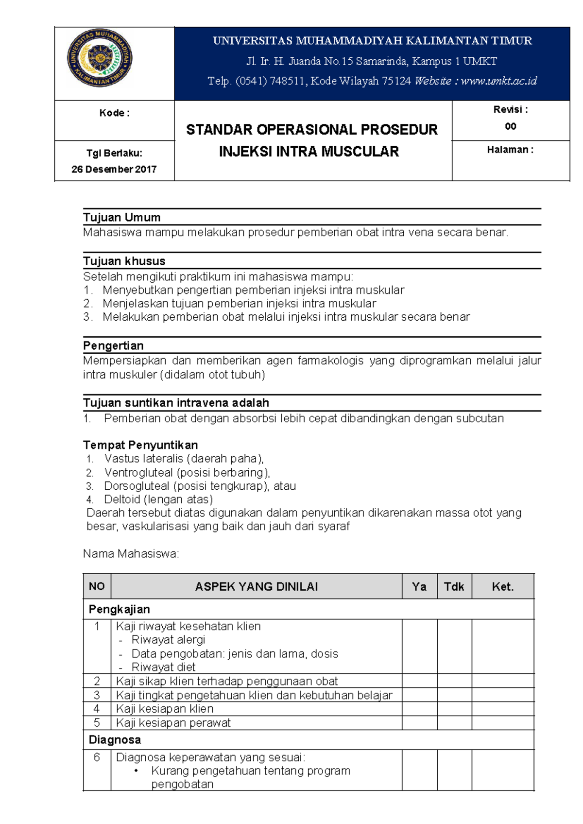 SOP Injeksi IM - Prosedur Pemberian Obat dalam Praktikum - Studocu