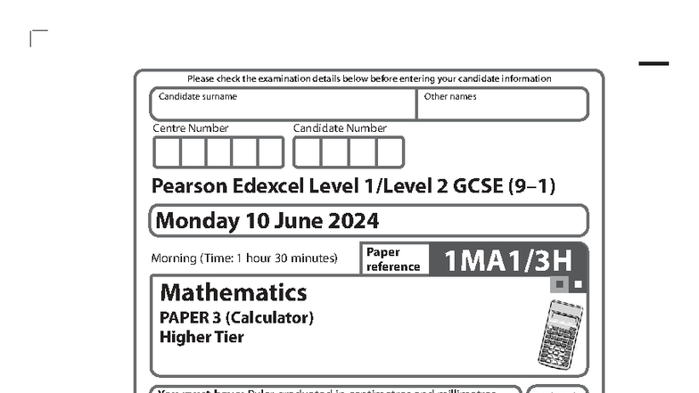 1MA1 3H Que 20240611 - GCSE Math Past Paper Exam - Studocu