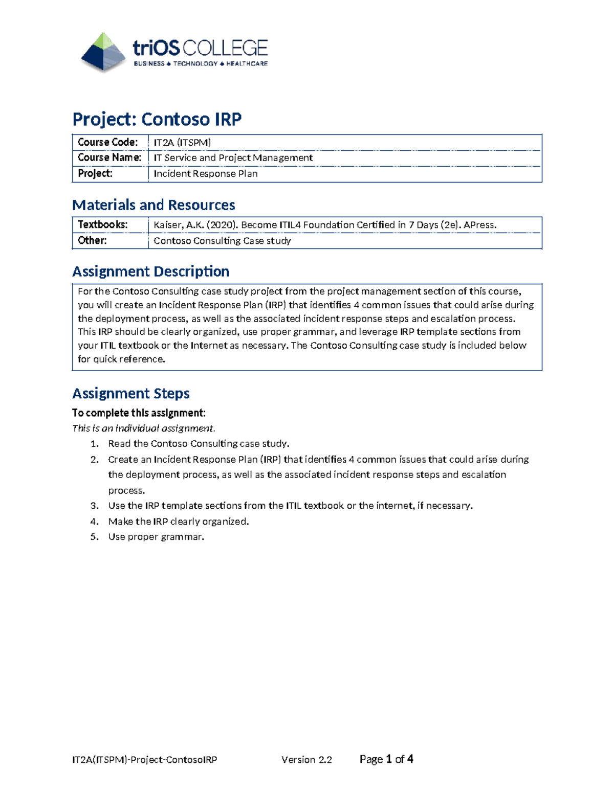 IT2A (ITSPM) Project: Contoso Incident Response Plan v2 - Studocu